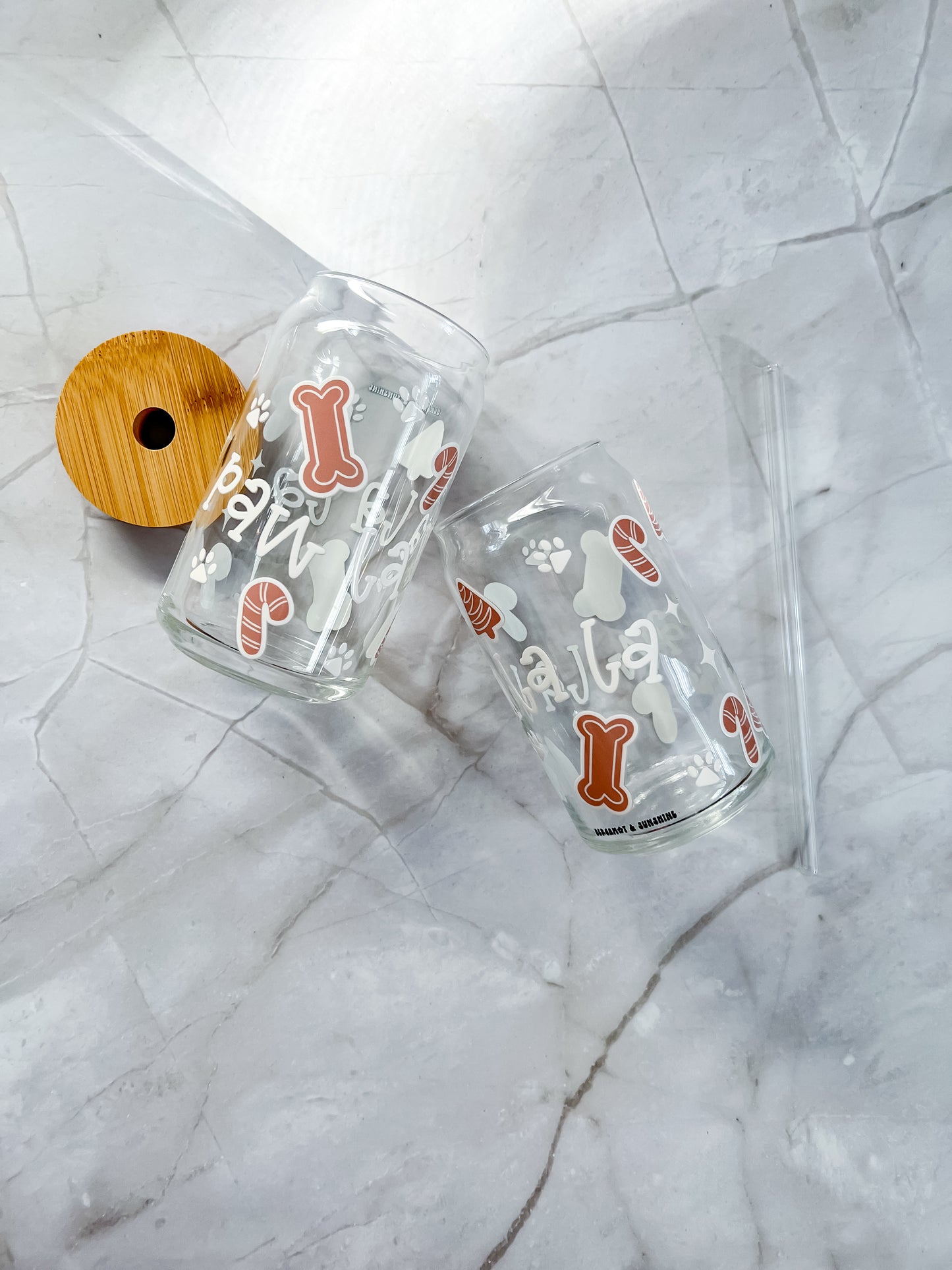 Paw La La La 16oz Glass Cup with glass straw and bamboo lid