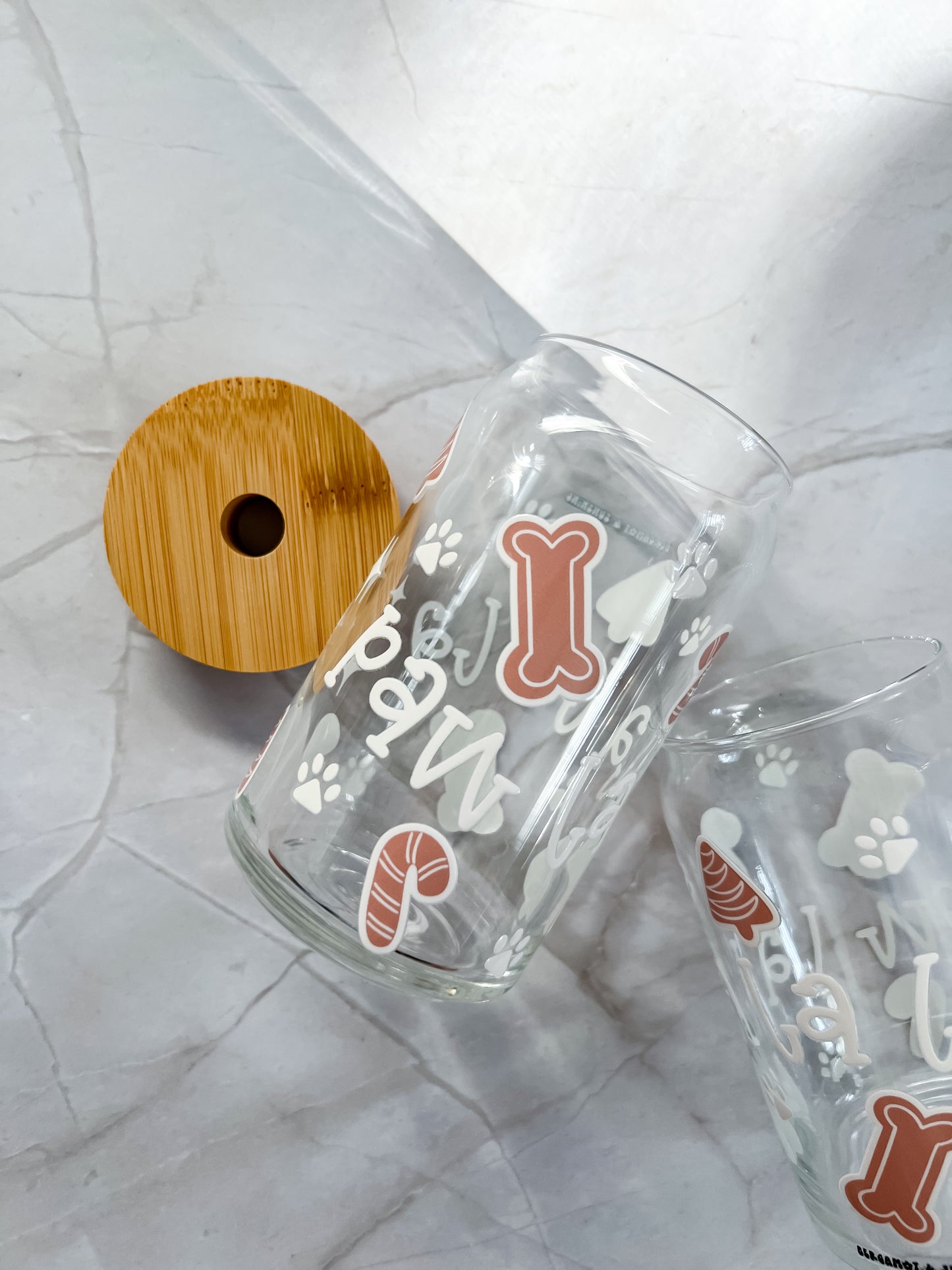 Paw La La La 16oz Glass Cup with glass straw and bamboo lid