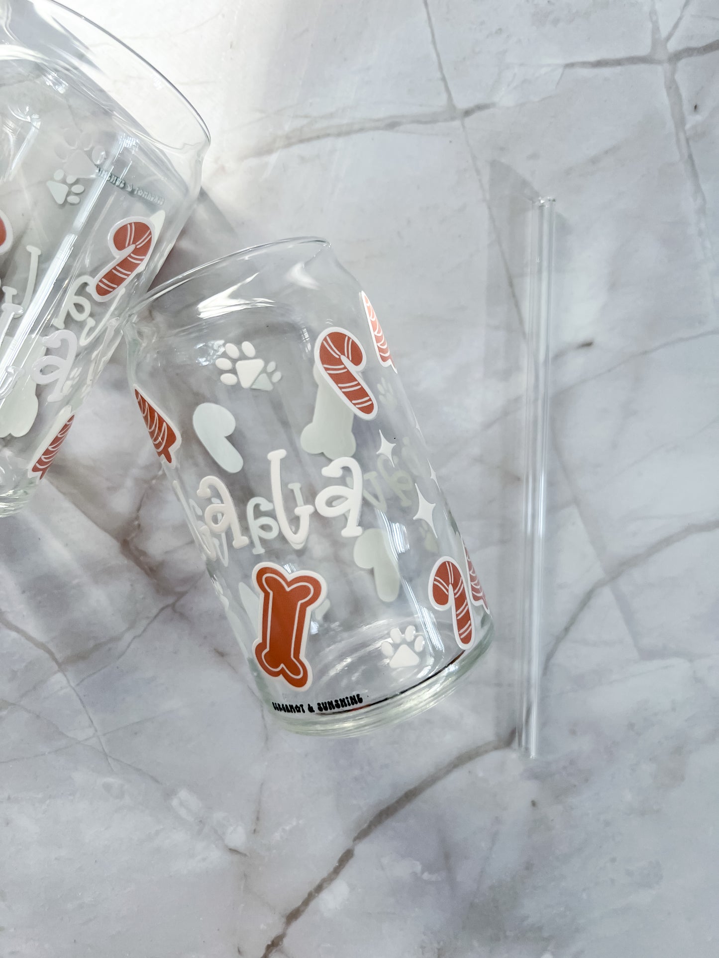 Paw La La La 16oz Glass Cup with glass straw and bamboo lid