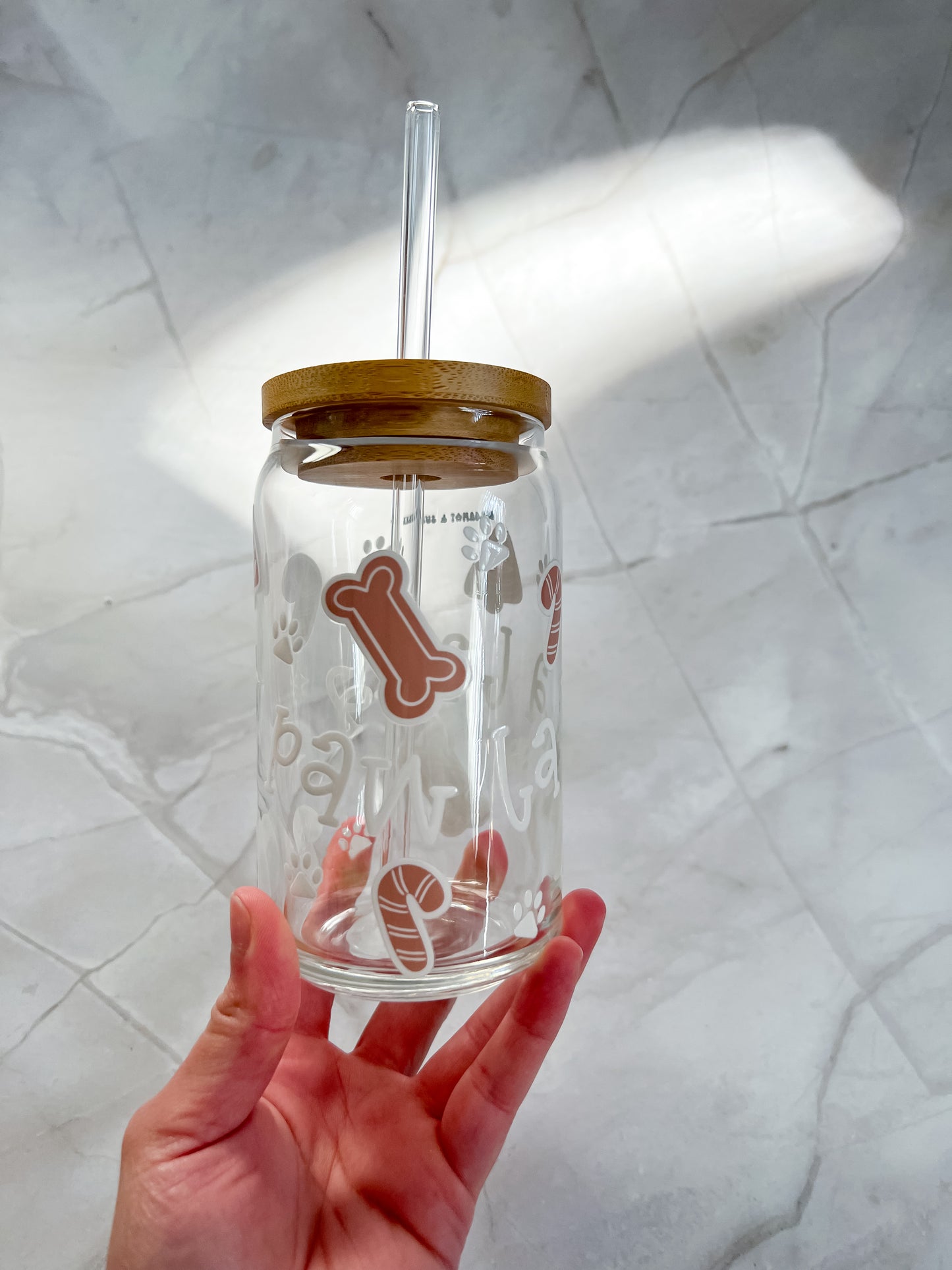 Paw La La La 16oz Glass Cup with glass straw and bamboo lid