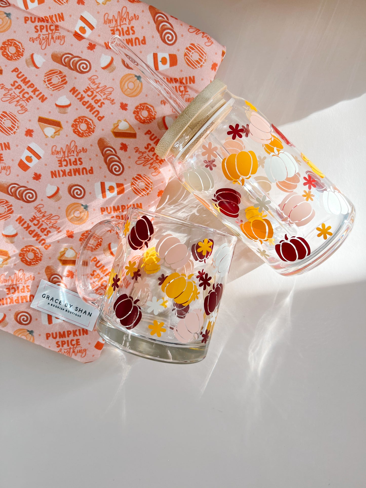 fall pumpkin glass cup and coffee mug
