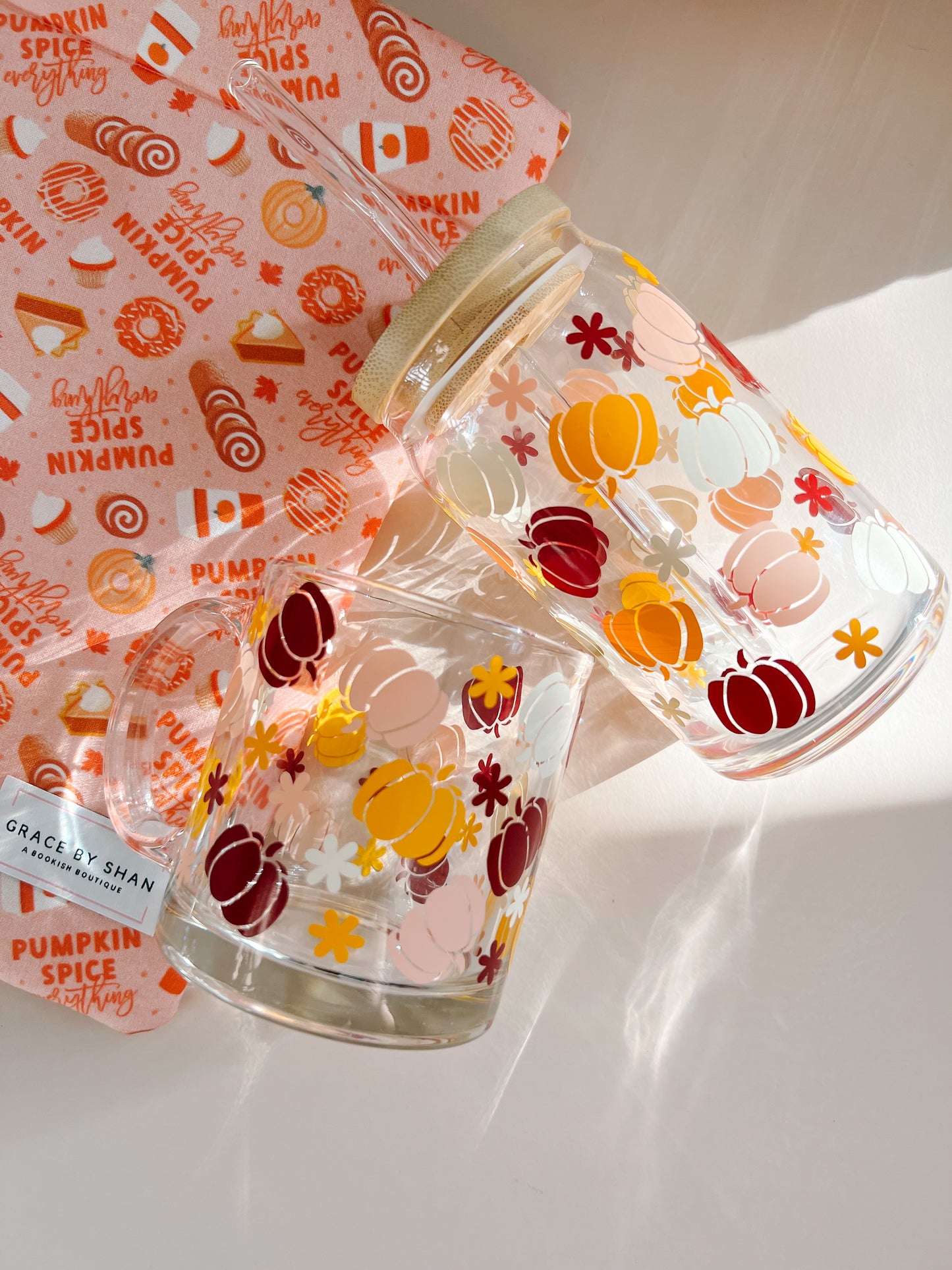fall pumpkin glass cup and coffee mug