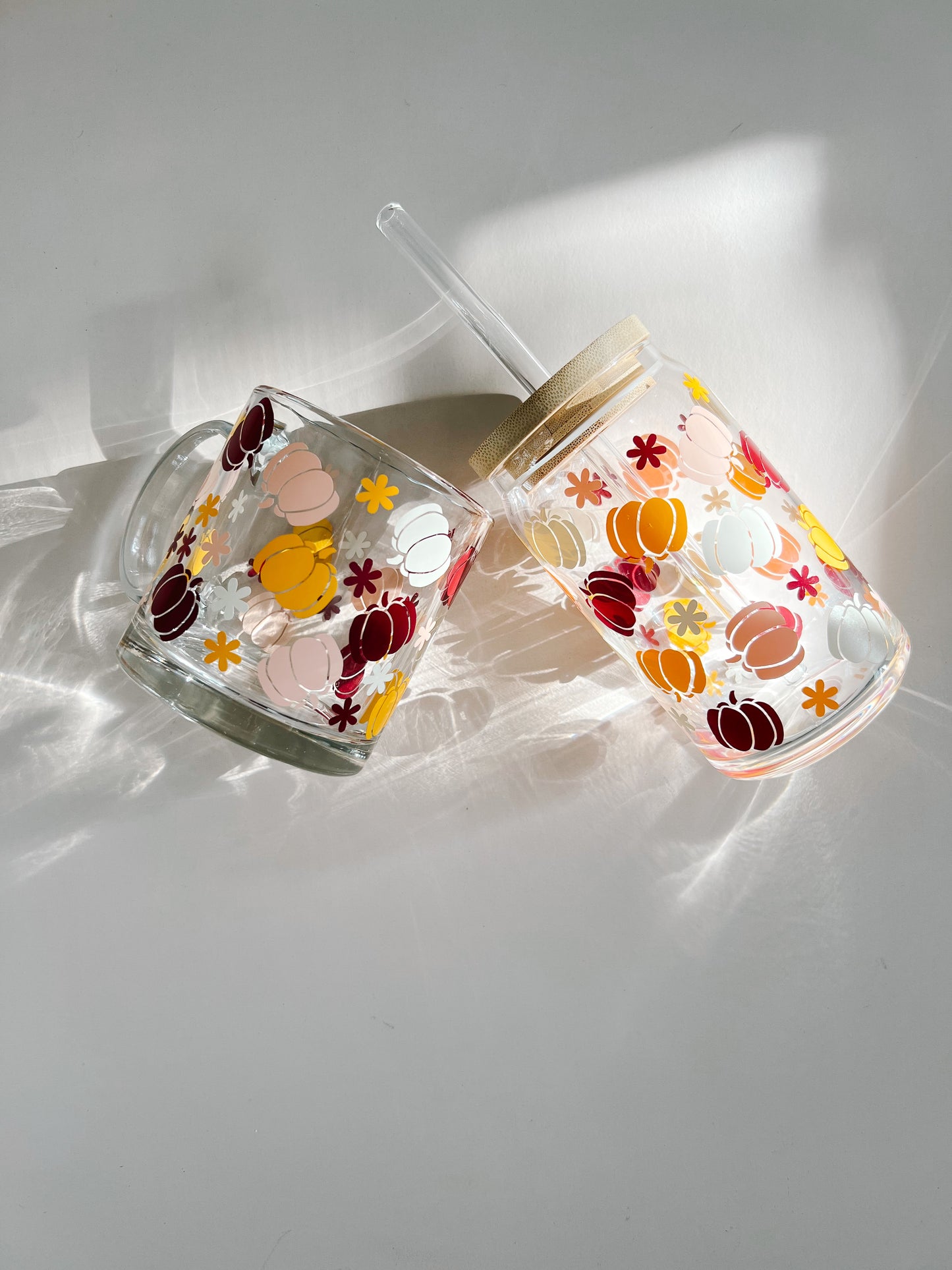 fall pumpkin glass cup and coffee mug
