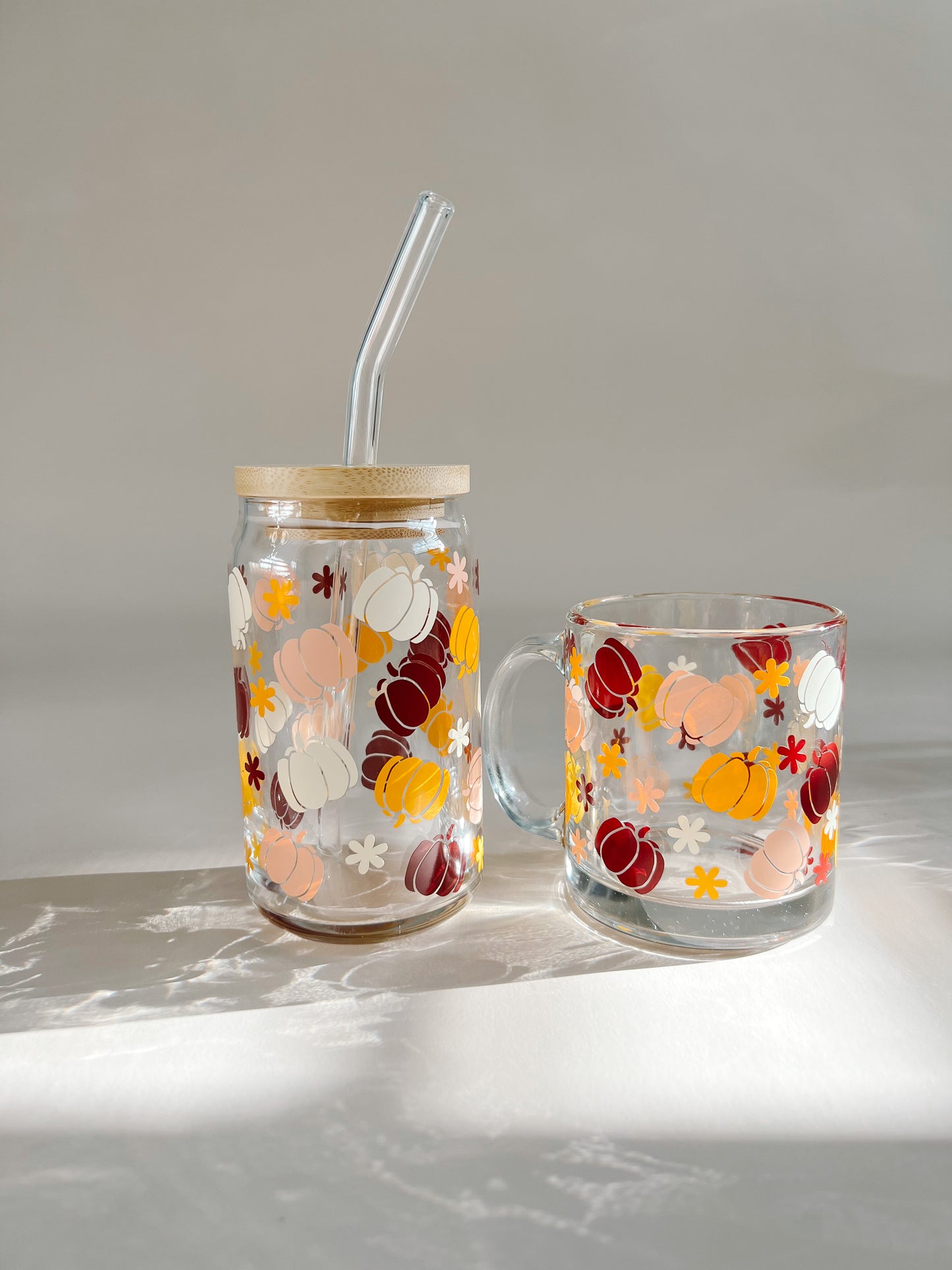 fall pumpkin glass cup and coffee mug
