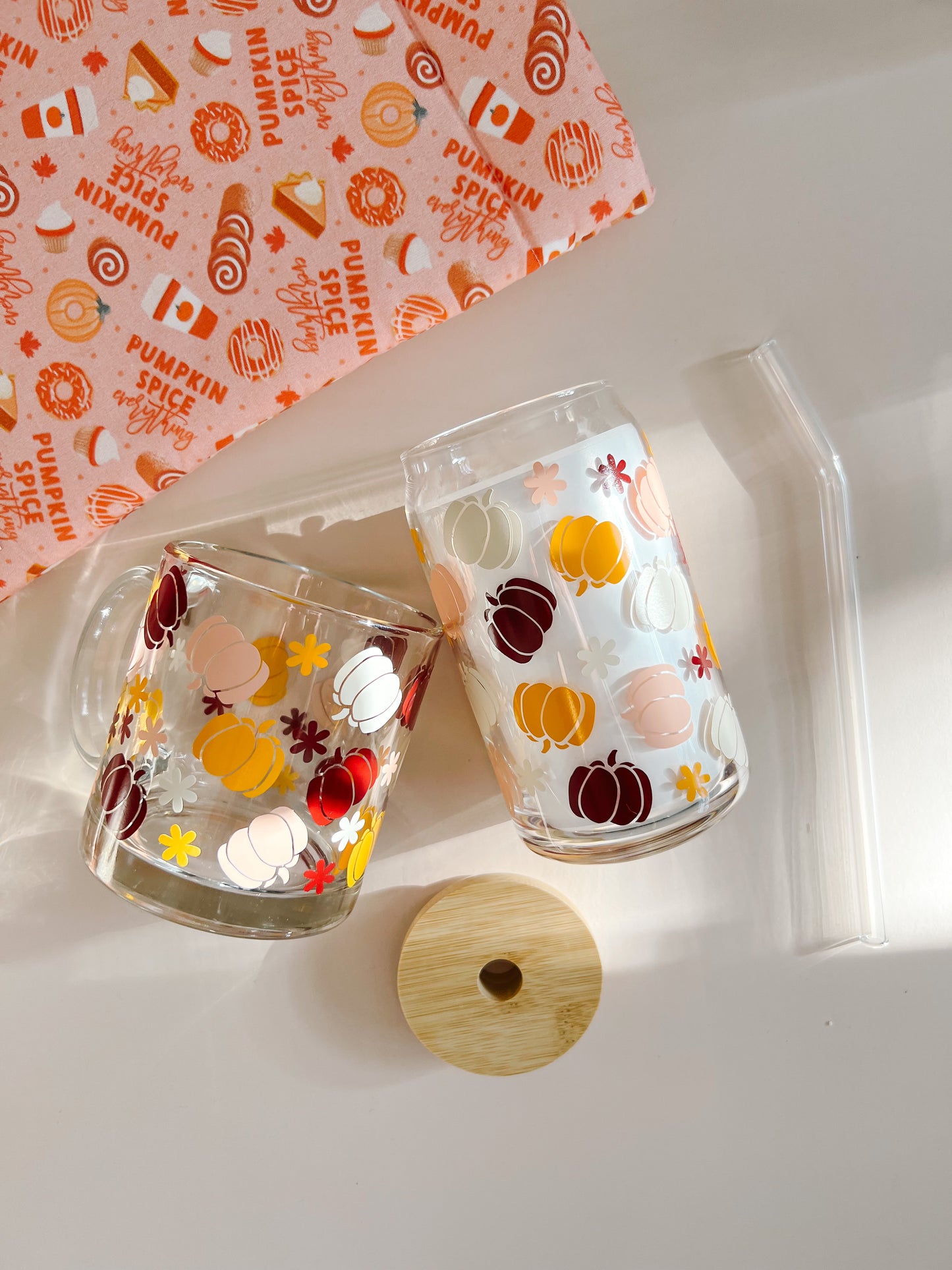 fall pumpkin glass cup and coffee mug