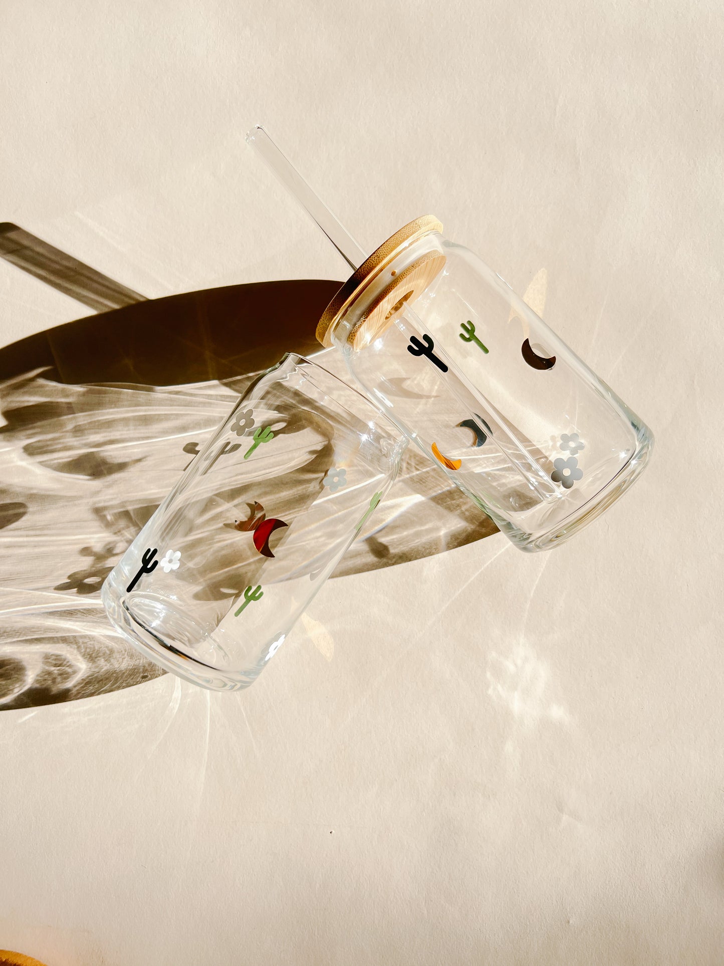 glass cup with bamboo lid and straw boho design cactus flower and moon neutrals