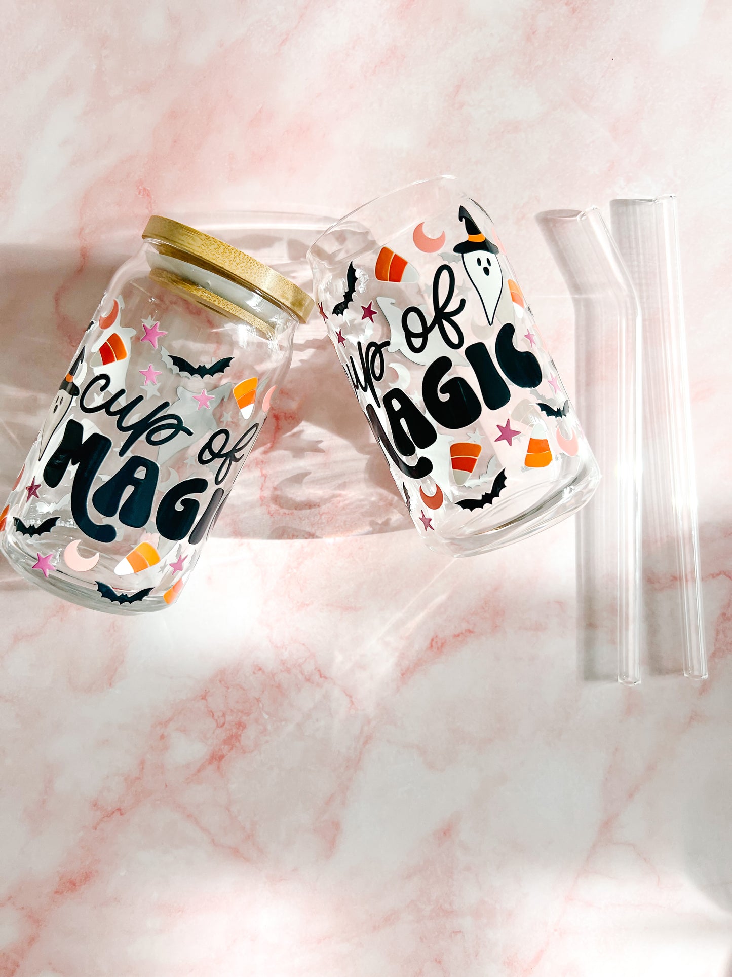cup of magic 16oz glass can boho halloween cup with uv dtf design bamboo lid and glass straw