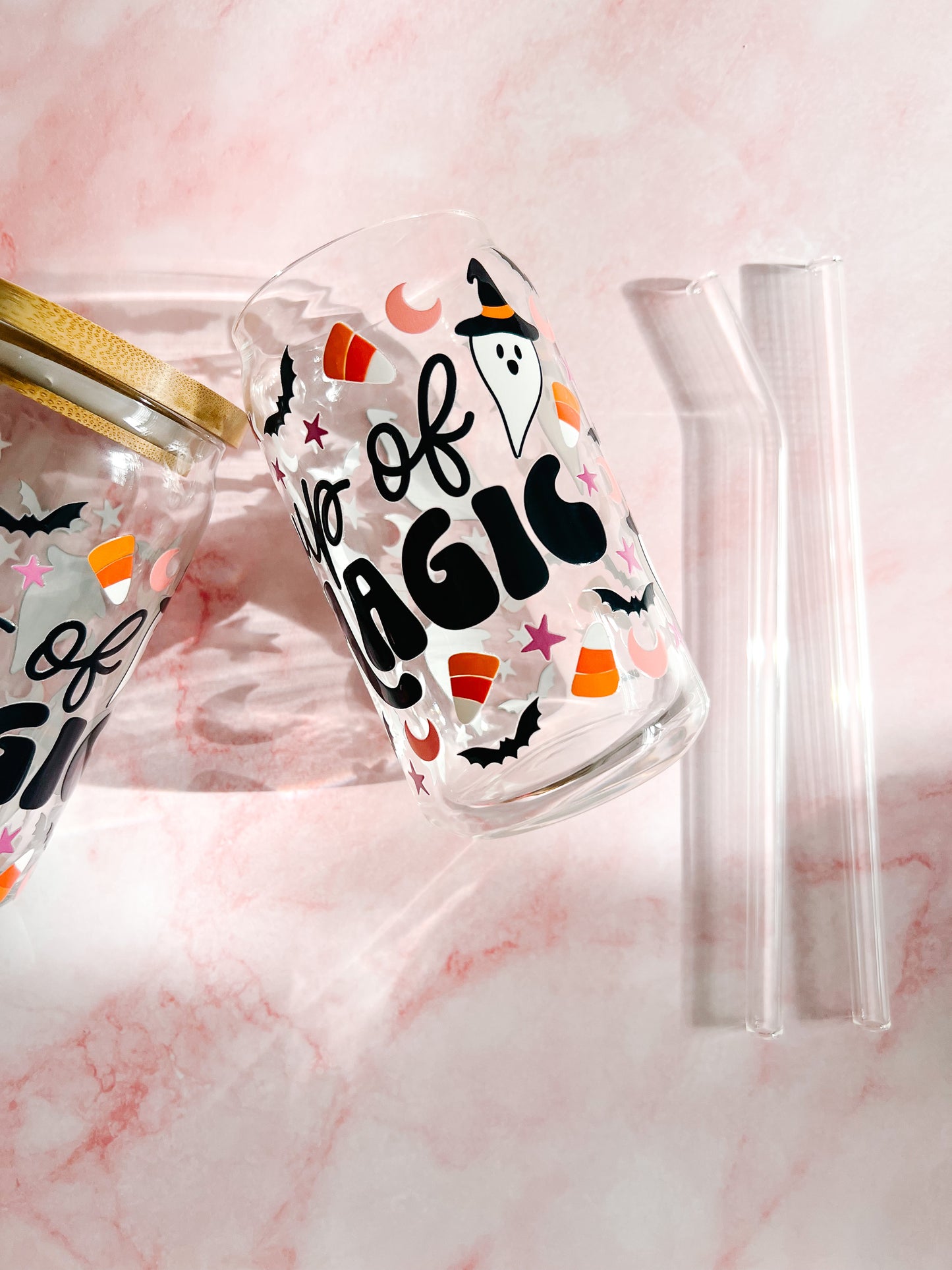 cup of magic 16oz glass can boho halloween cup with uv dtf design bamboo lid and glass straw
