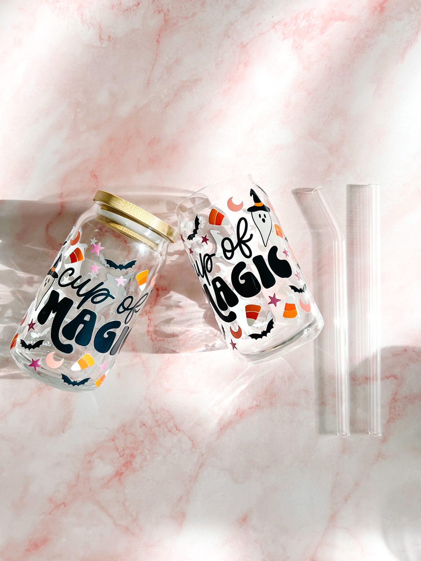 cup of magic 16oz glass can boho halloween cup with uv dtf design bamboo lid and glass straw