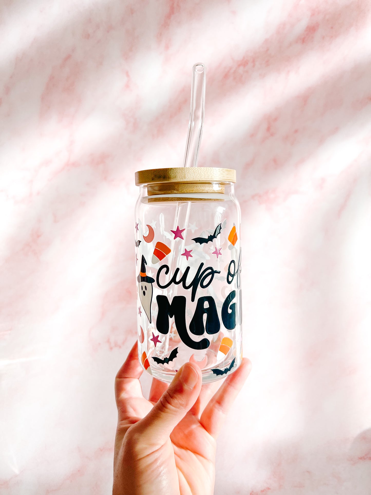 cup of magic 16oz glass can boho halloween cup with uv dtf design bamboo lid and glass straw