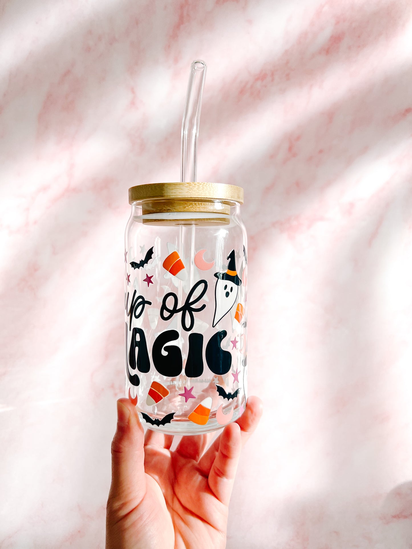 cup of magic 16oz glass can boho halloween cup with uv dtf design bamboo lid and glass straw