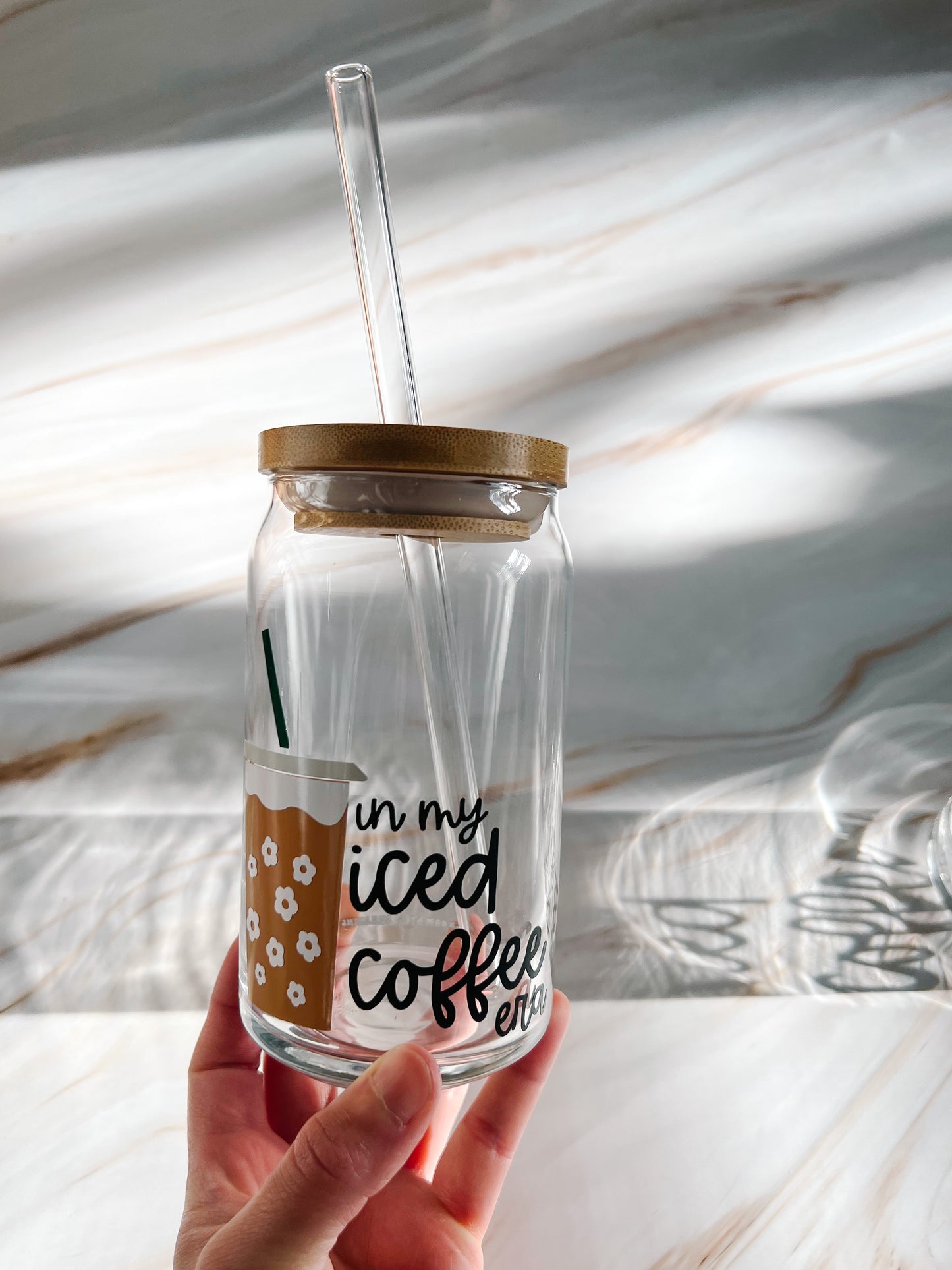 In my Iced Coffee Era 16oz glass cup with bamboo lid and glass straw
