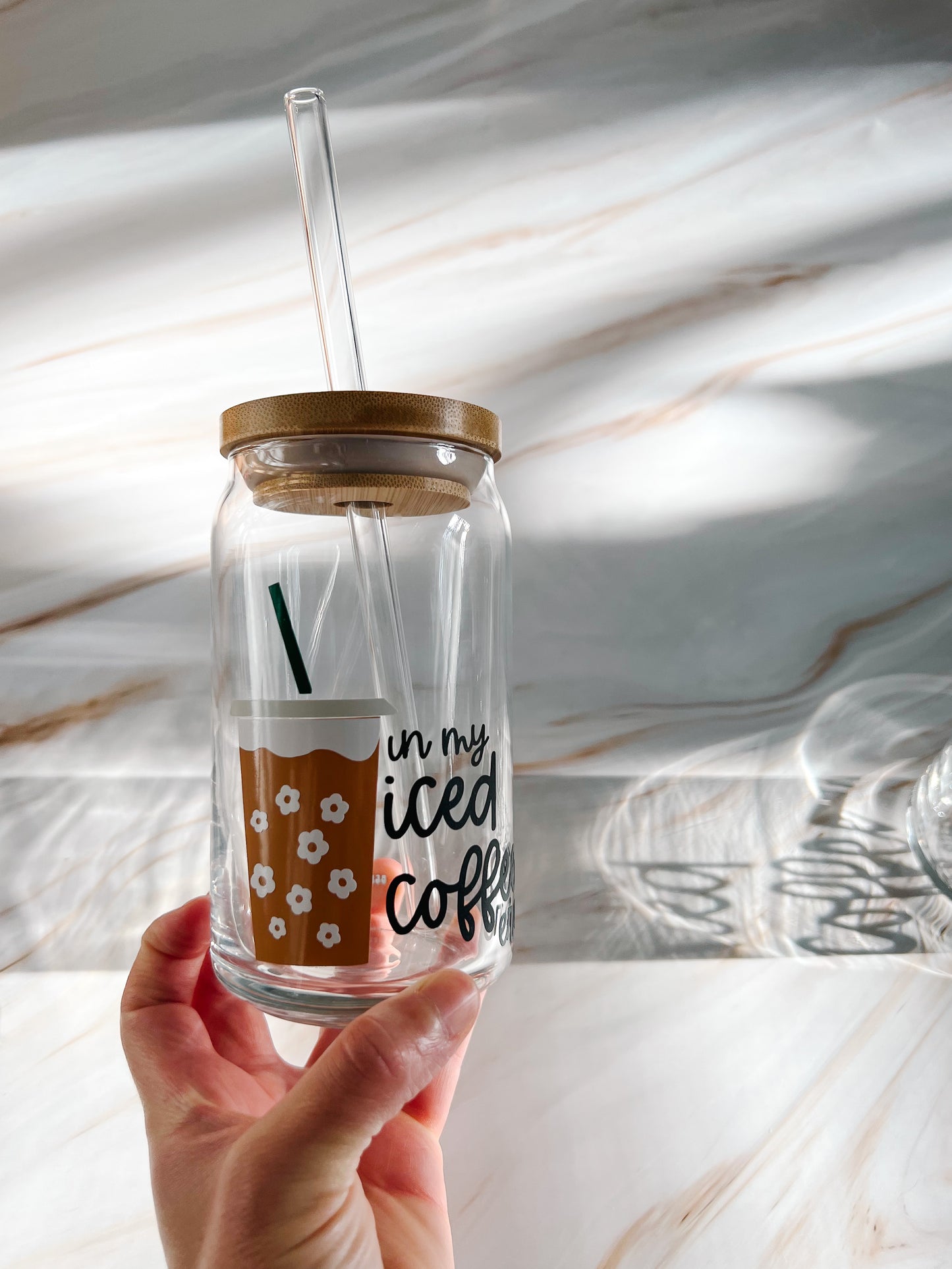 In my Iced Coffee Era 16oz glass cup with bamboo lid and glass straw