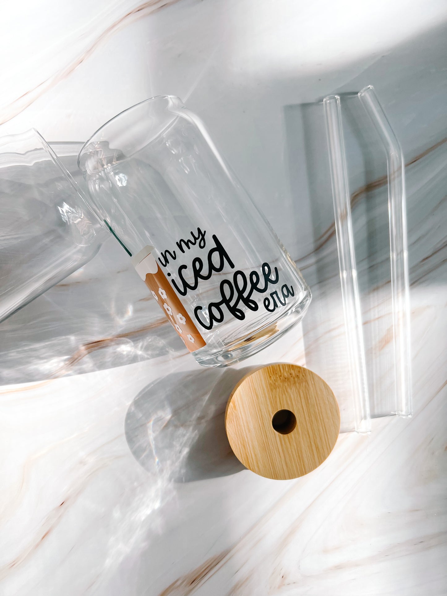 In my Iced Coffee Era 16oz glass cup with bamboo lid and glass straw