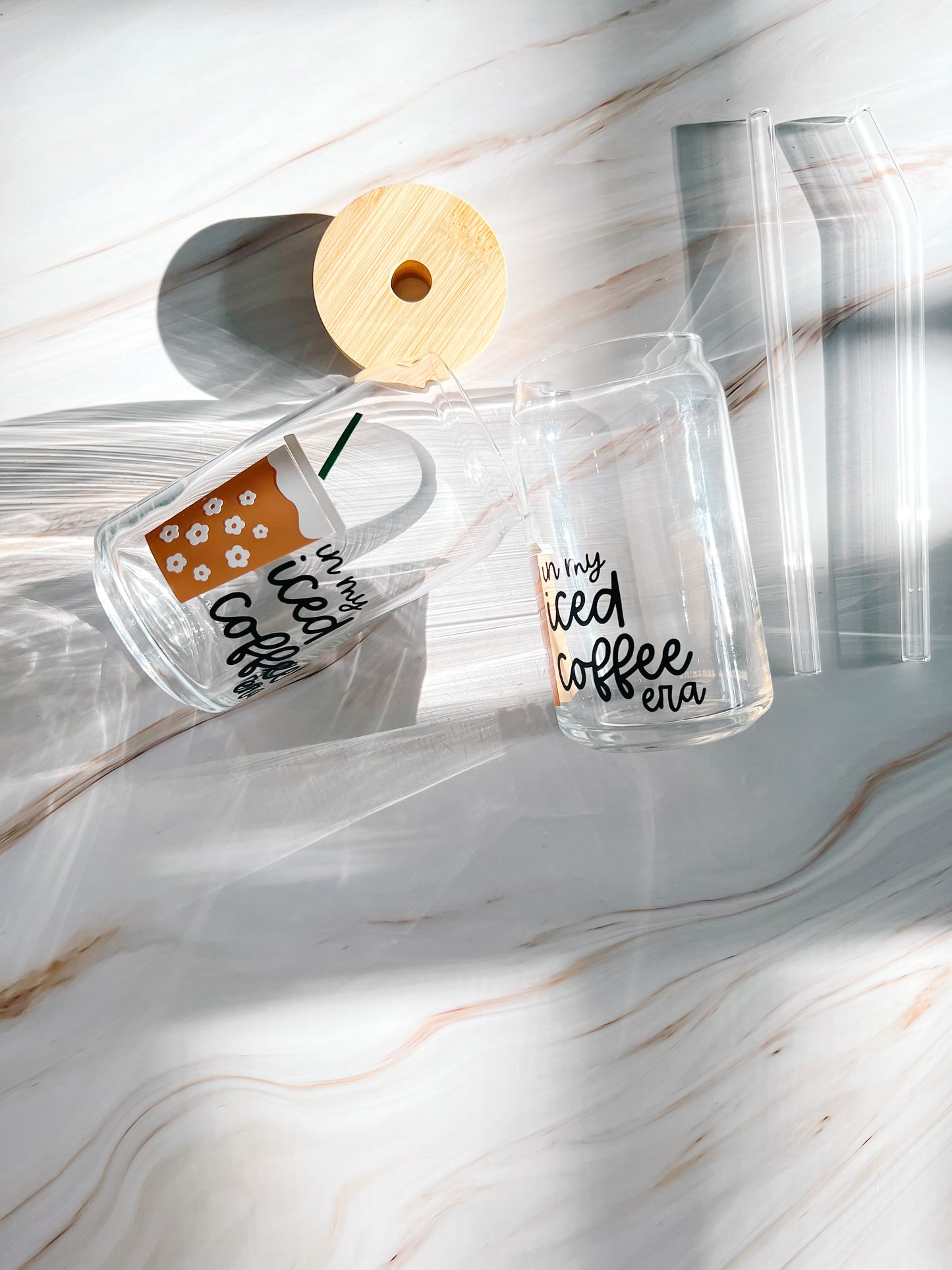 In my Iced Coffee Era 16oz glass cup with bamboo lid and glass straw
