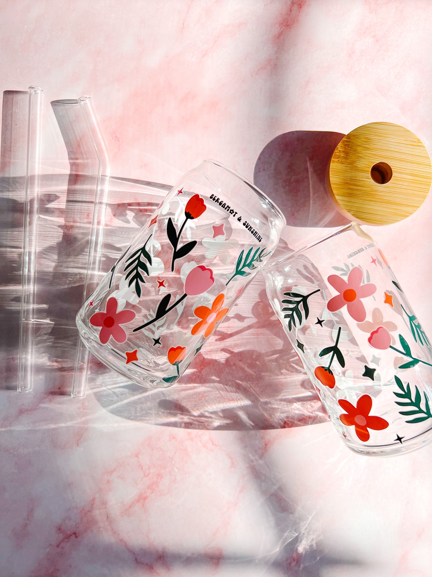 tulips and flowers glass coffee cup boho pink and orange