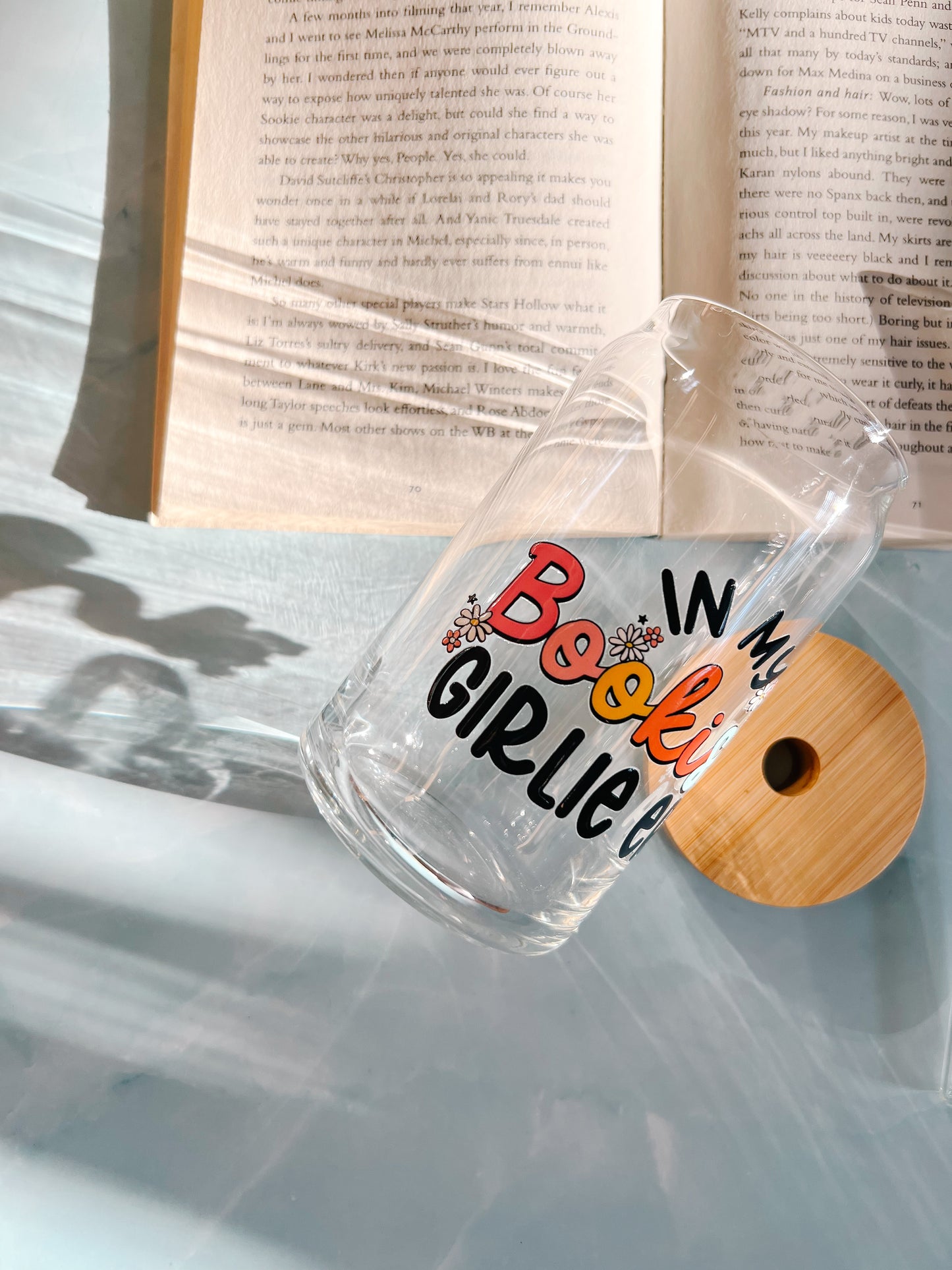 In my bookish girlie era 16oz glass cup with straw and bamboo lid colorful and floral daisies