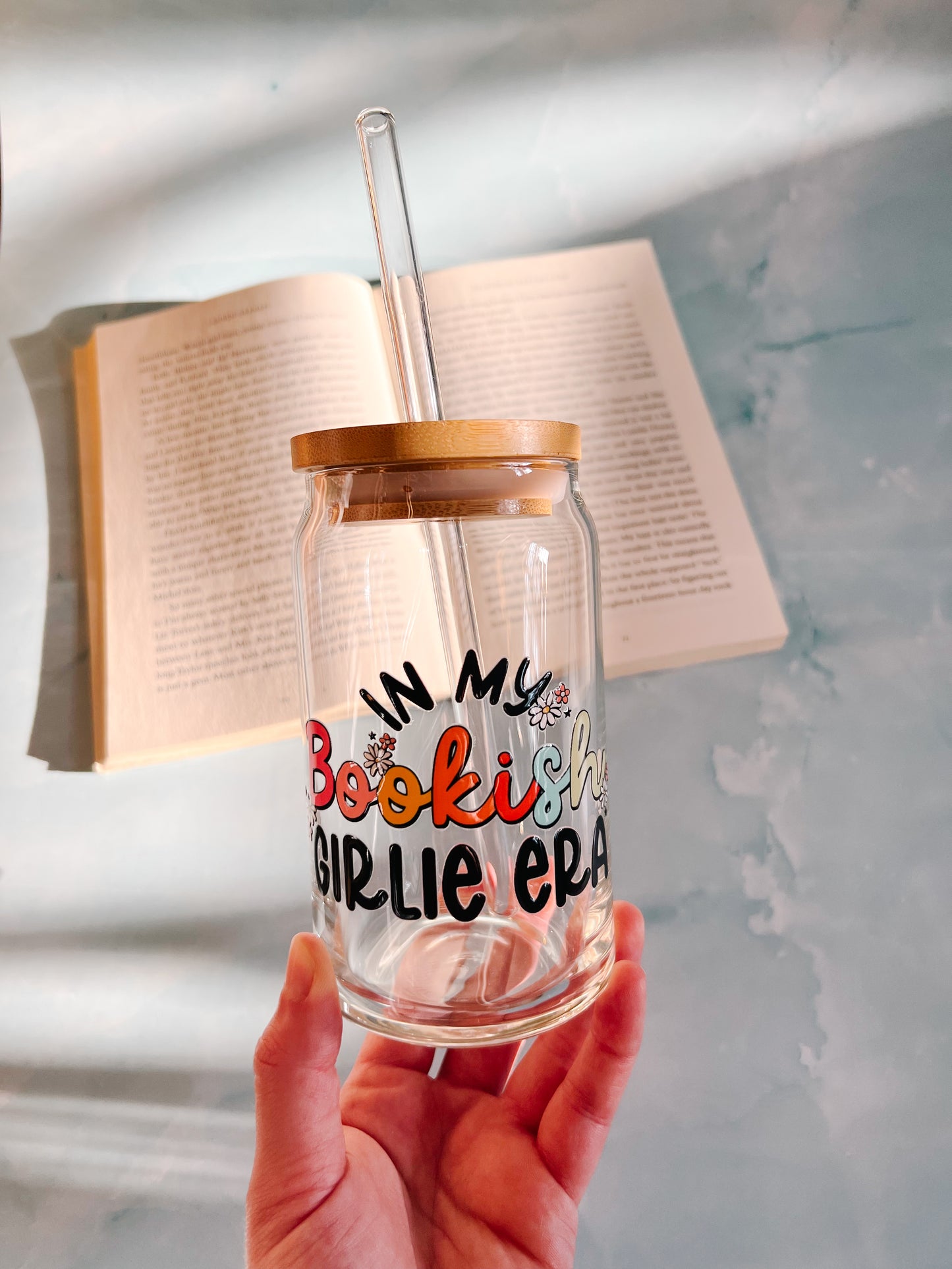 In my bookish girlie era 16oz glass cup with straw and bamboo lid colorful and floral daisies