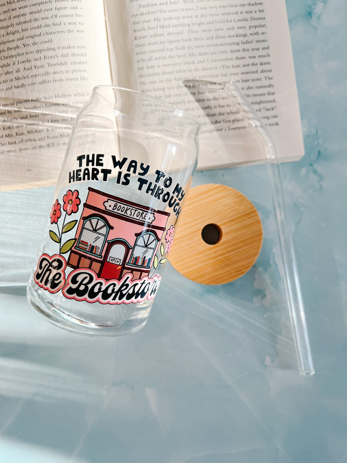 the way to my heart is through the bookstore 16oz glass cup with bamboo lid and glass straw