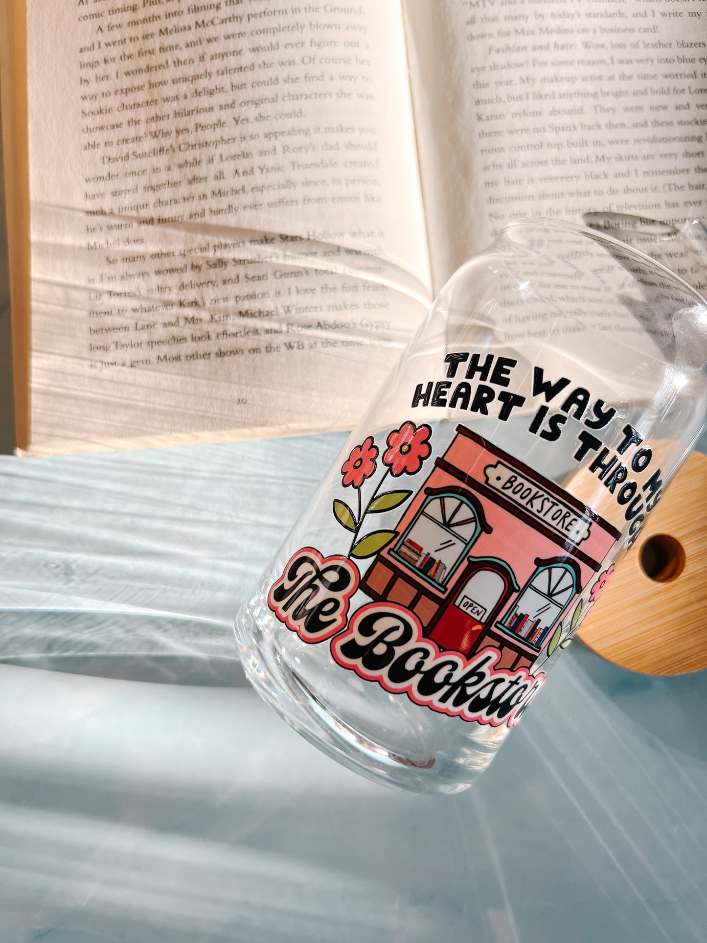 the way to my heart is through the bookstore 16oz glass cup with bamboo lid and glass straw