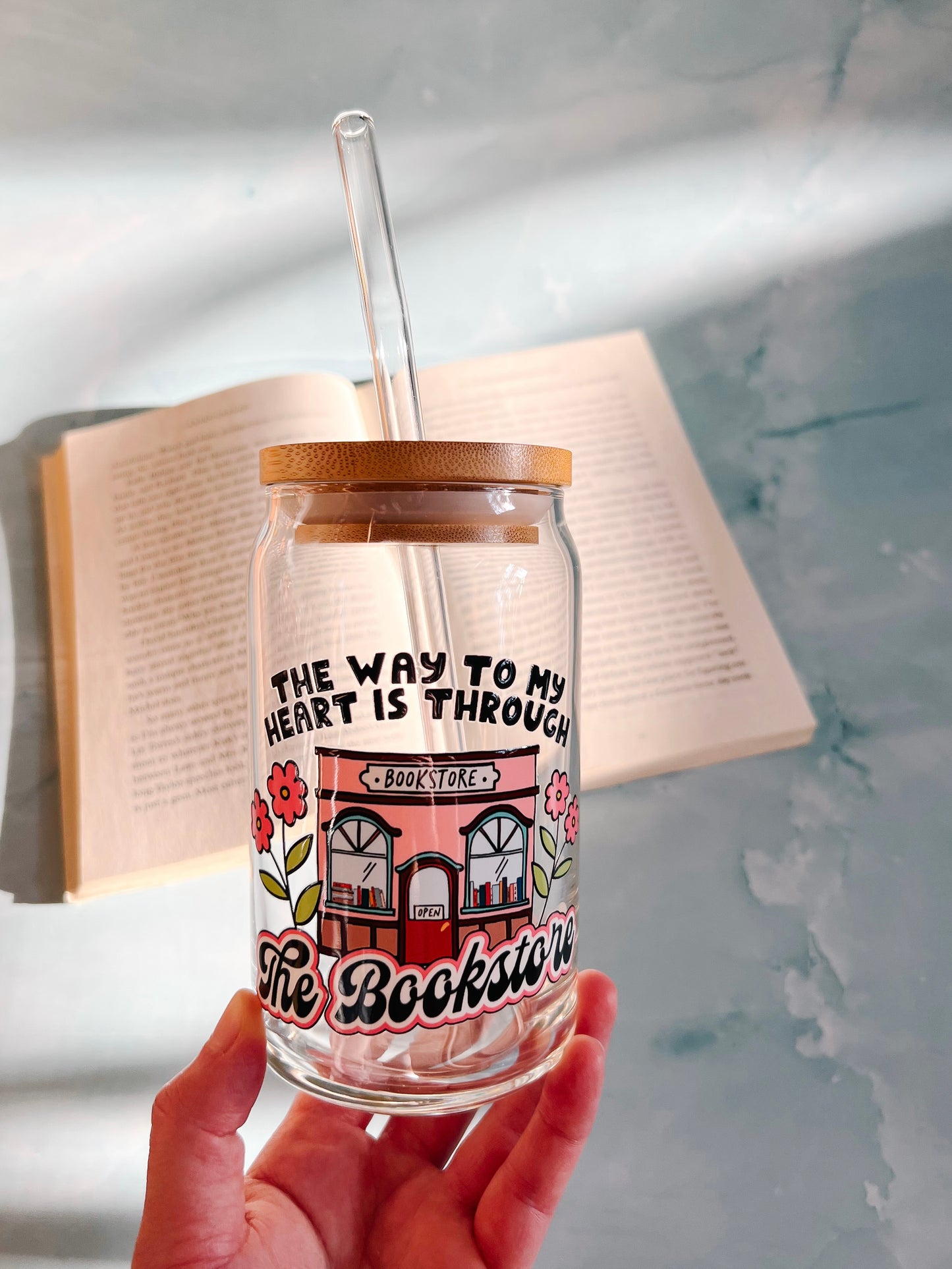 the way to my heart is through the bookstore 16oz glass cup with bamboo lid and glass straw