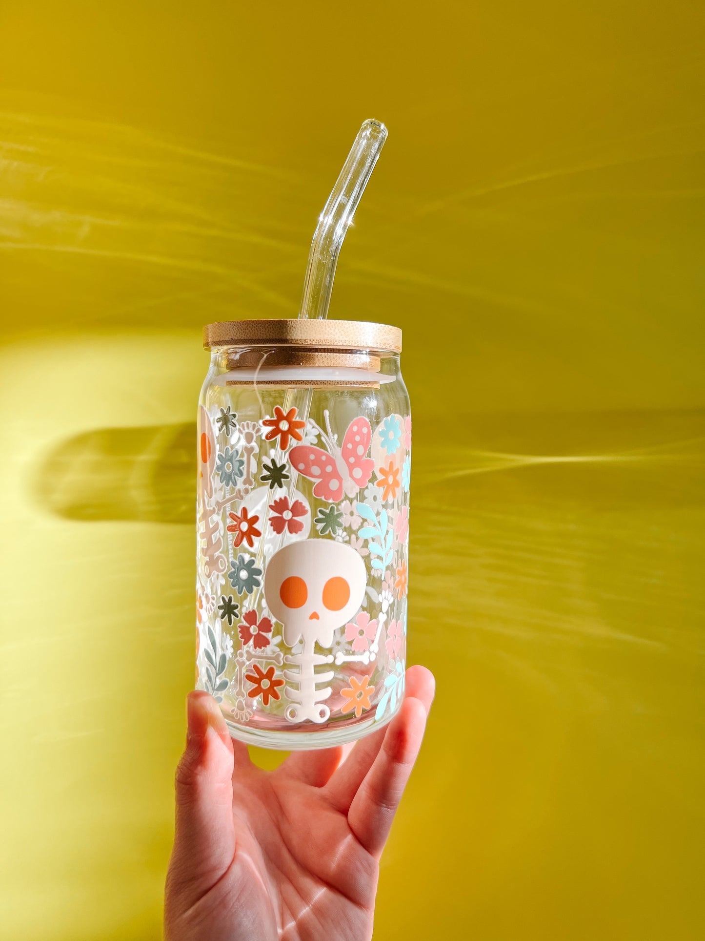 pastel boho Skeletons and Flowers 16oz iced coffee glass