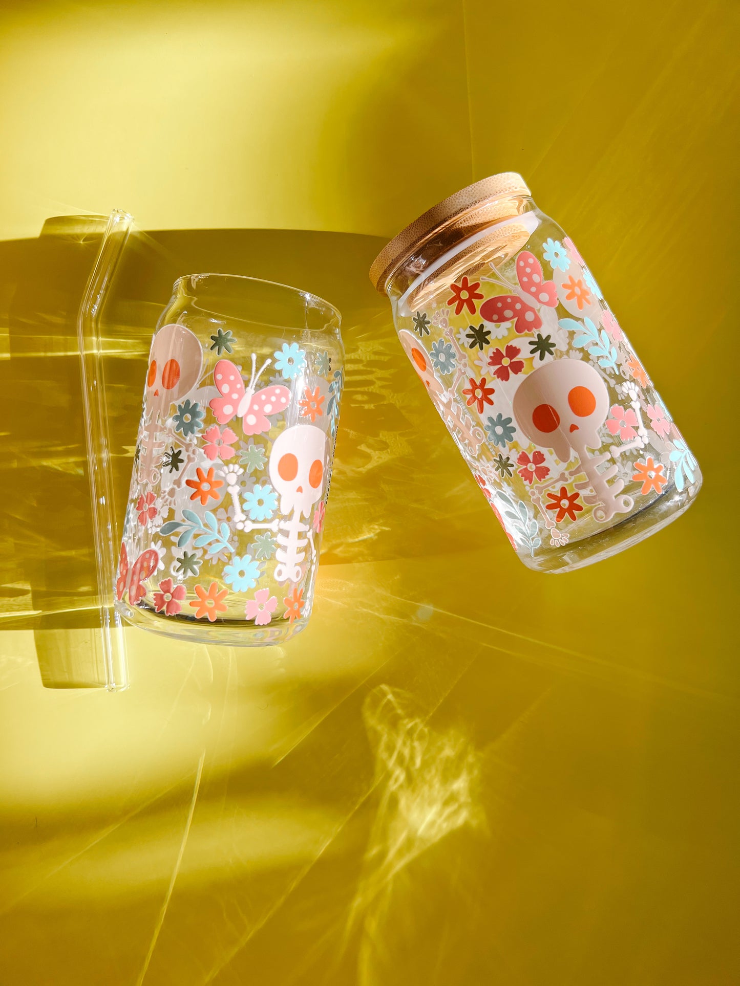pastel boho Skeletons and Flowers 16oz iced coffee glass