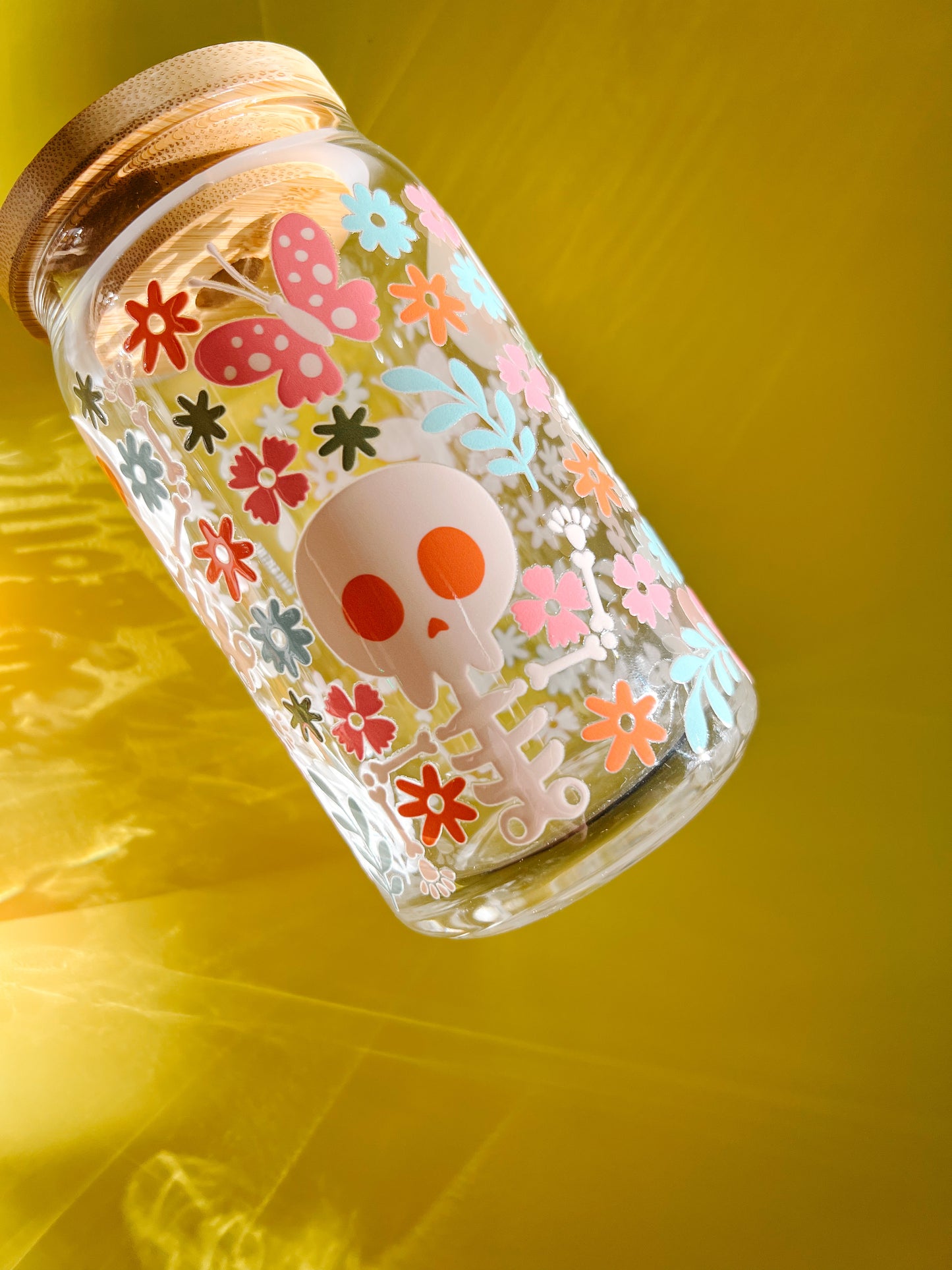 pastel boho Skeletons and Flowers 16oz iced coffee glass