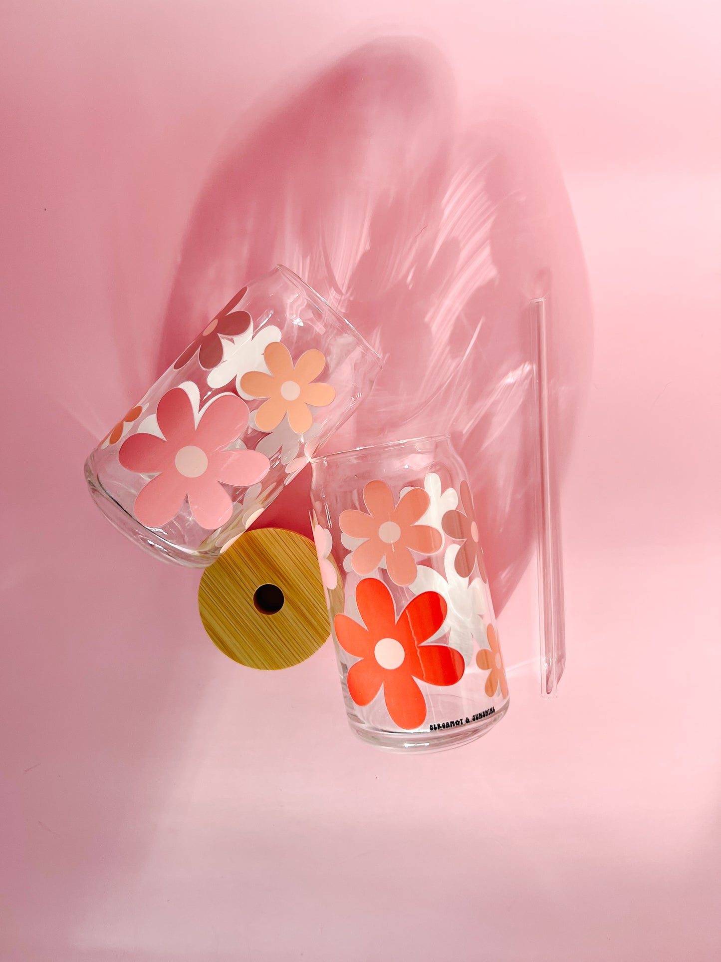 Neutral Boho Giant Flowers 16oz Glass Cup w/ bamboo lid and glass straw