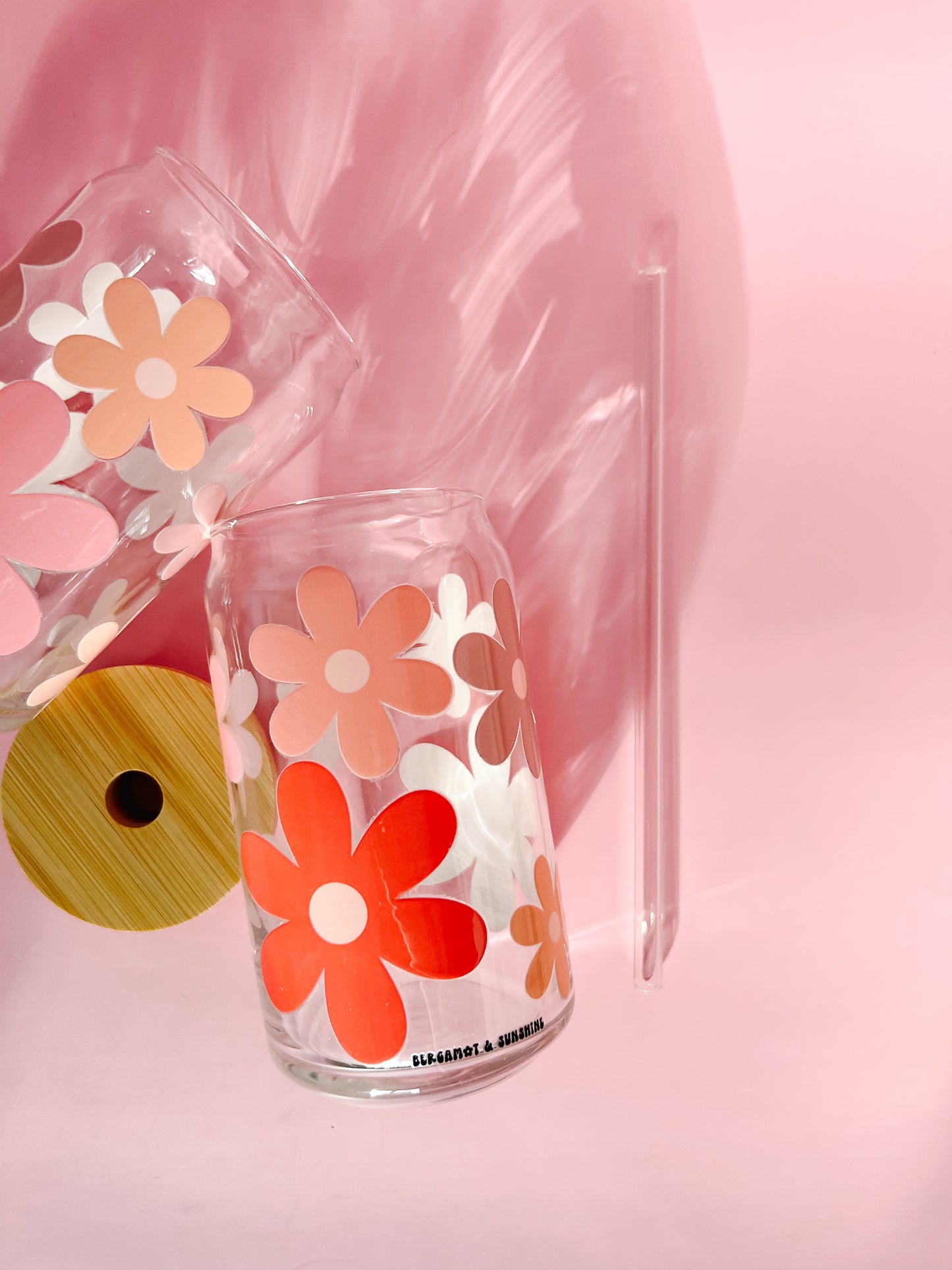 Neutral Boho Giant Flowers 16oz Glass Cup w/ bamboo lid and glass straw