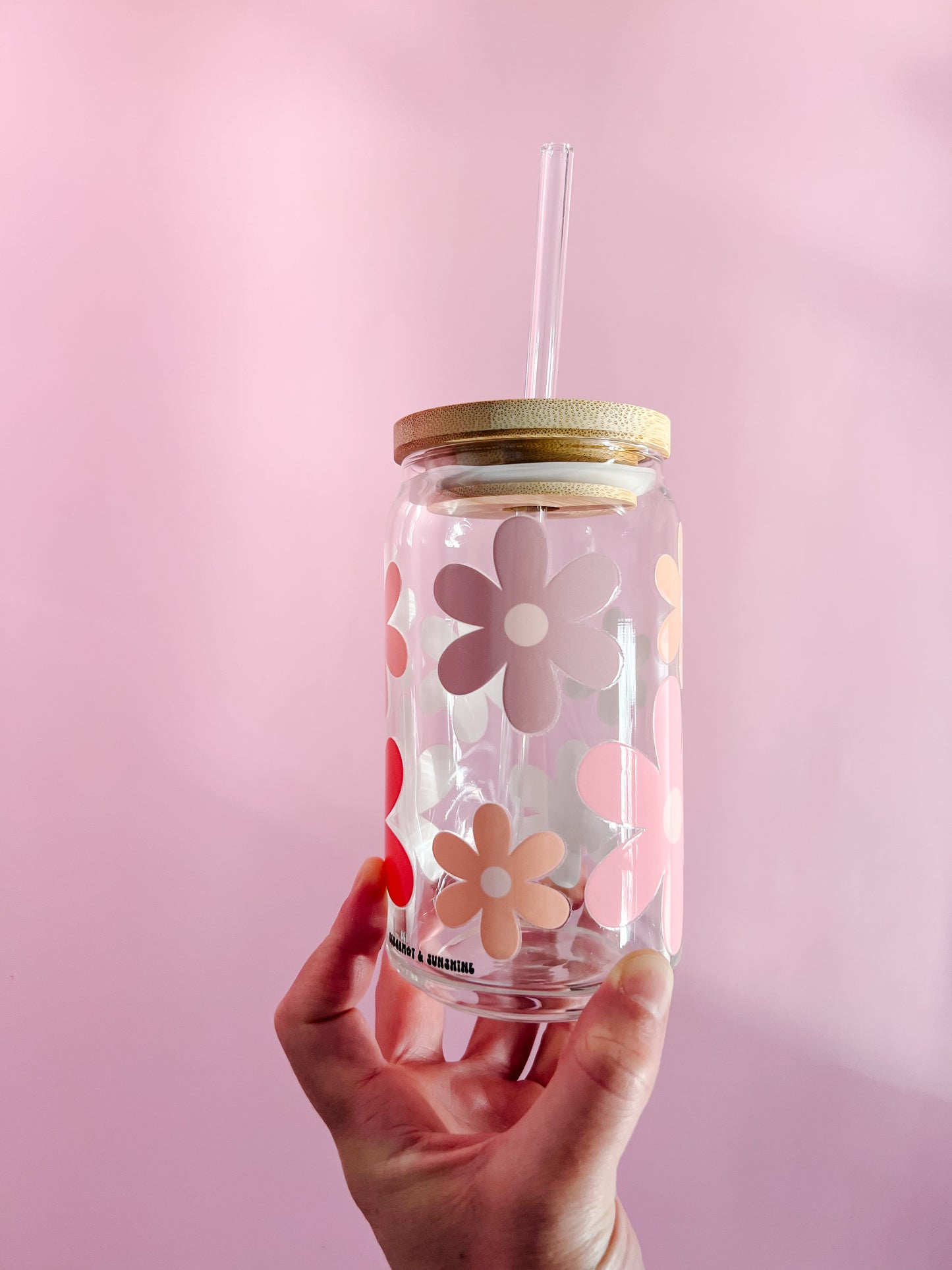 Neutral Boho Giant Flowers 16oz Glass Cup w/ bamboo lid and glass straw