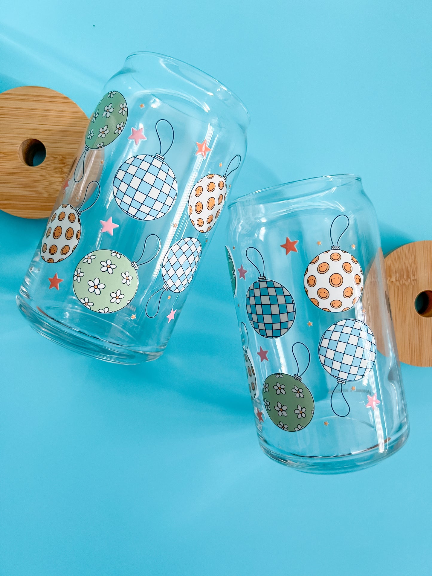 Disco Christmas Ornaments 16oz glass cup w straw and bamboo lid
