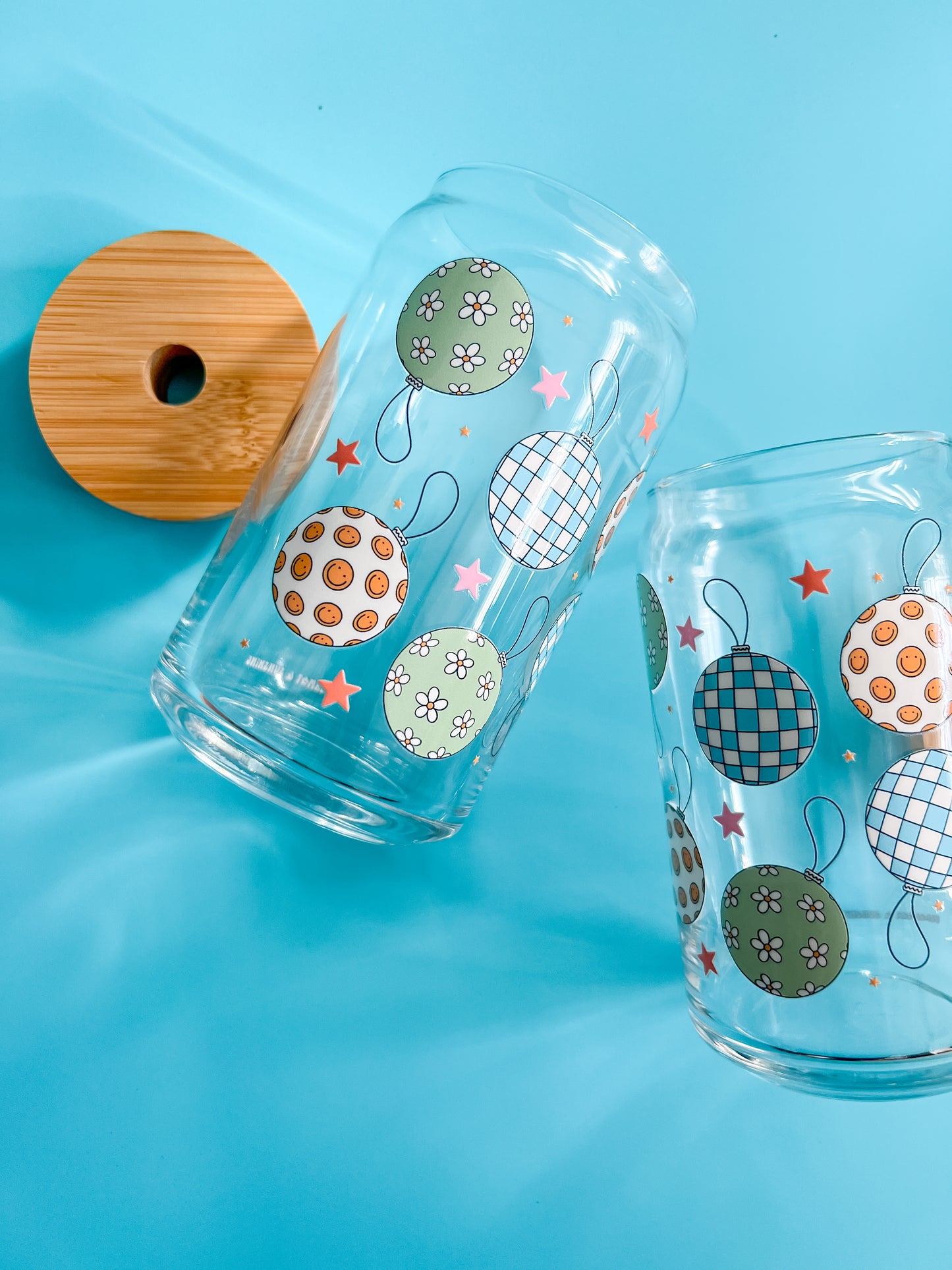 Disco Christmas Ornaments 16oz glass cup w straw and bamboo lid