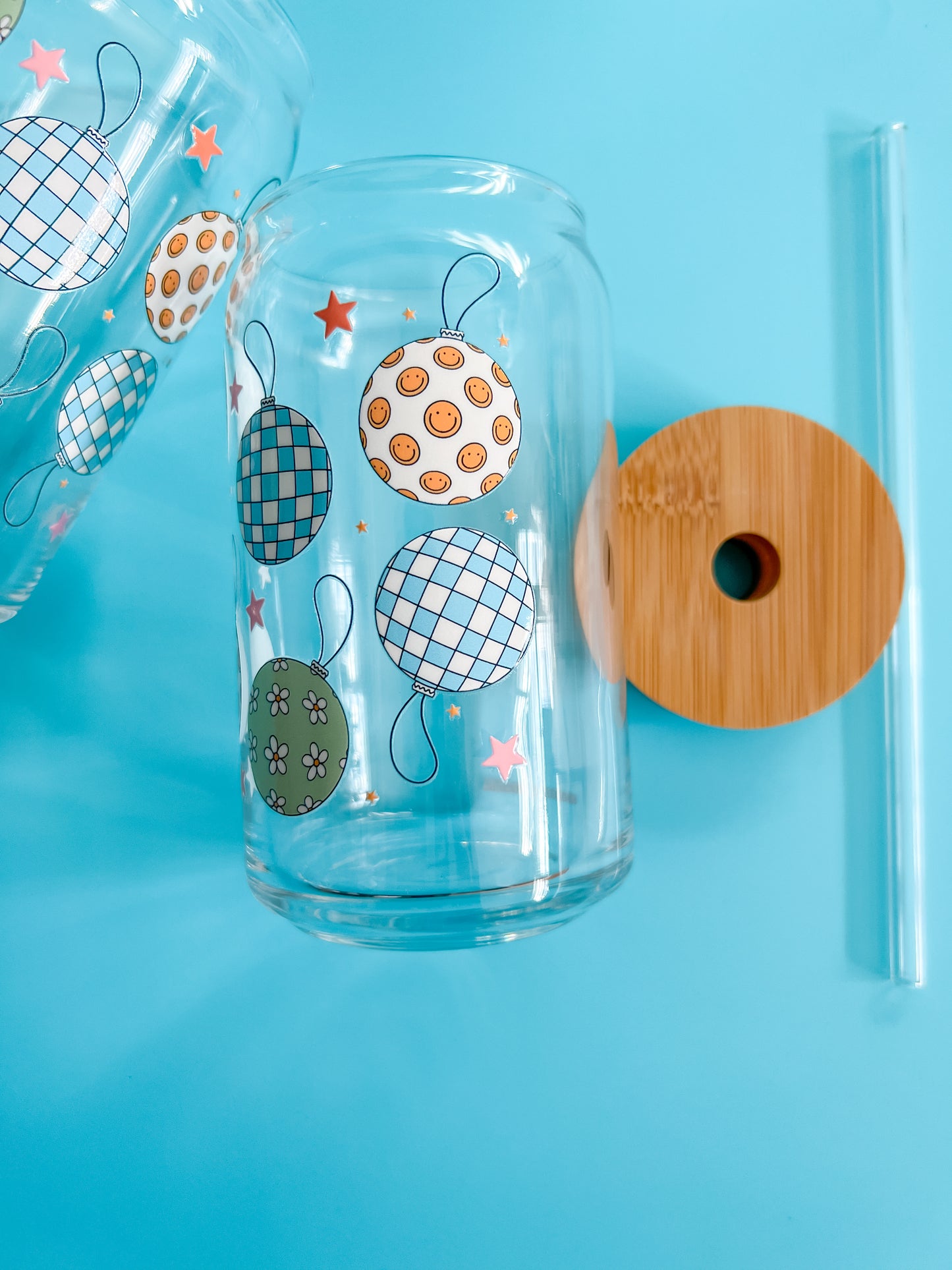 Disco Christmas Ornaments 16oz glass cup w straw and bamboo lid