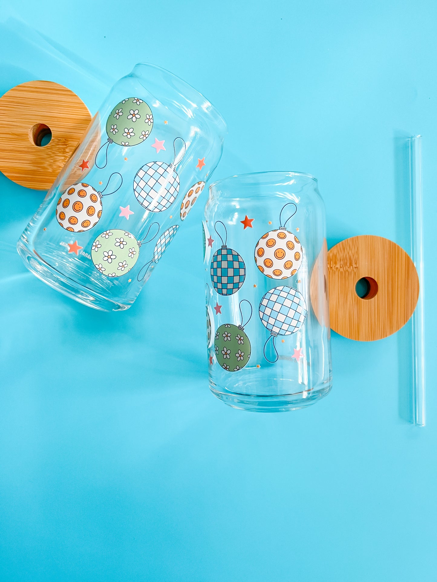 Disco Christmas Ornaments 16oz glass cup w straw and bamboo lid