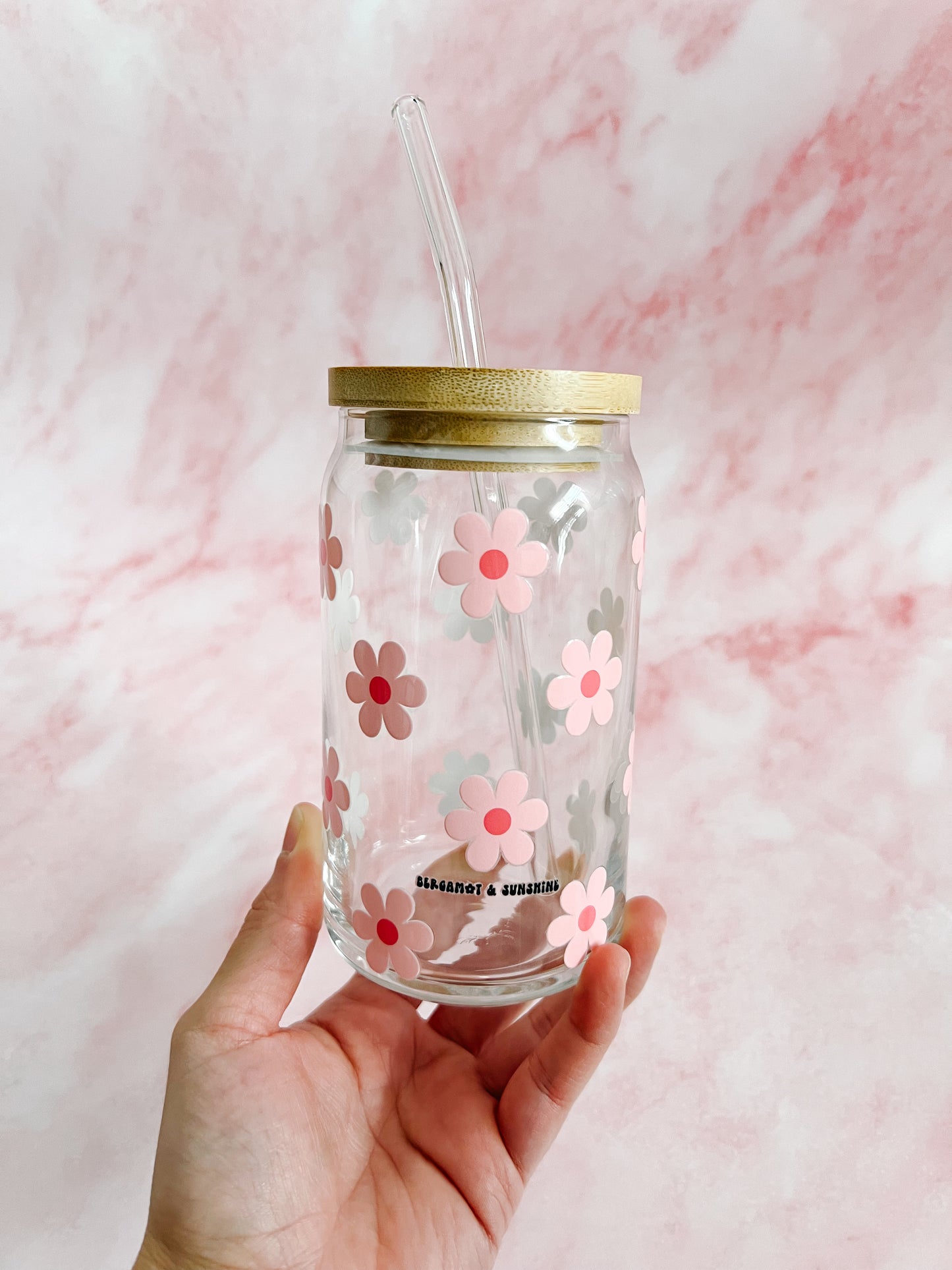 funky boho pink retro daisies glass cup aesthetically pleasing with glass straw and bamboo lid