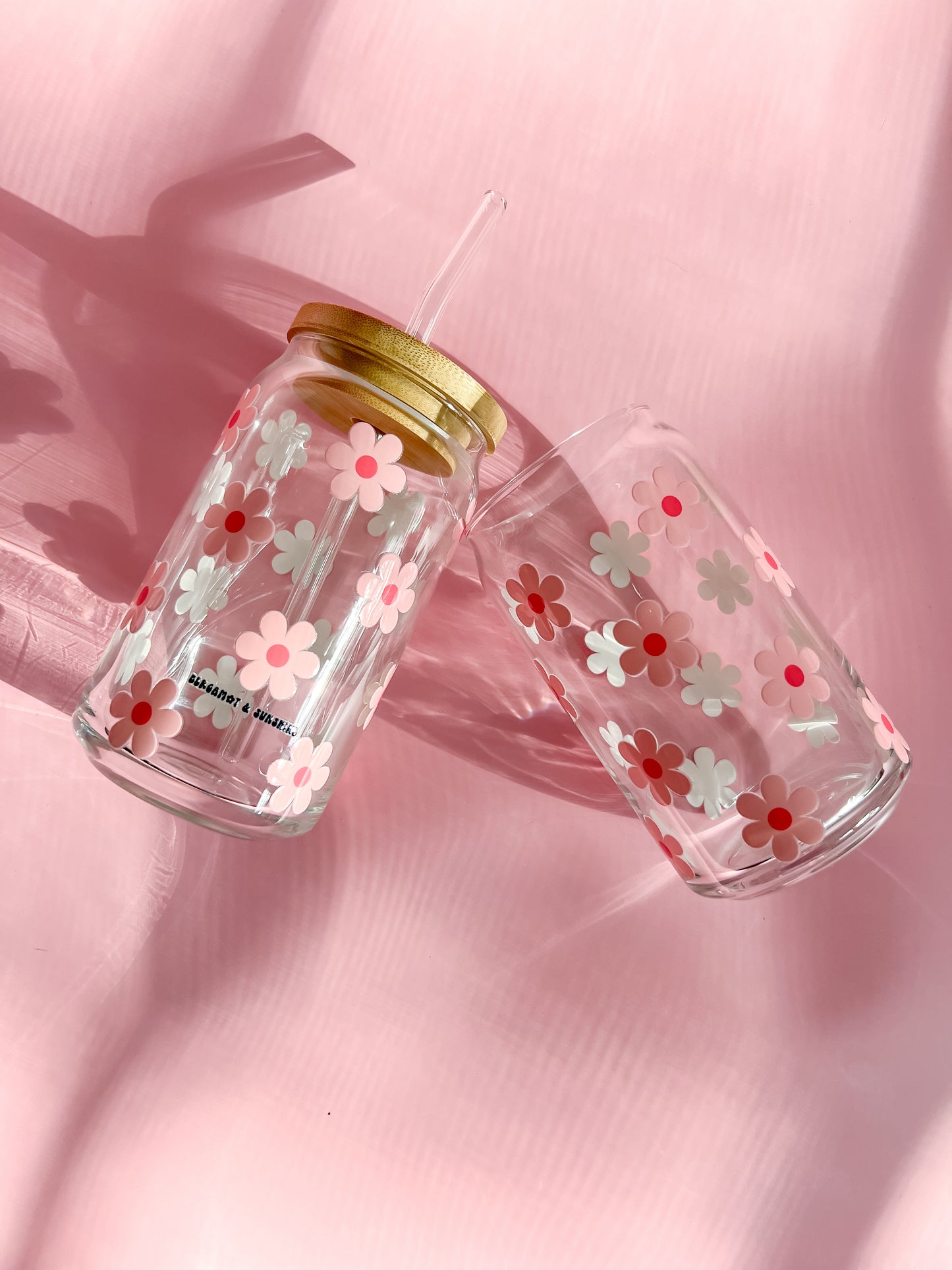 funky boho pink retro daisies glass cup aesthetically pleasing with glass straw and bamboo lid