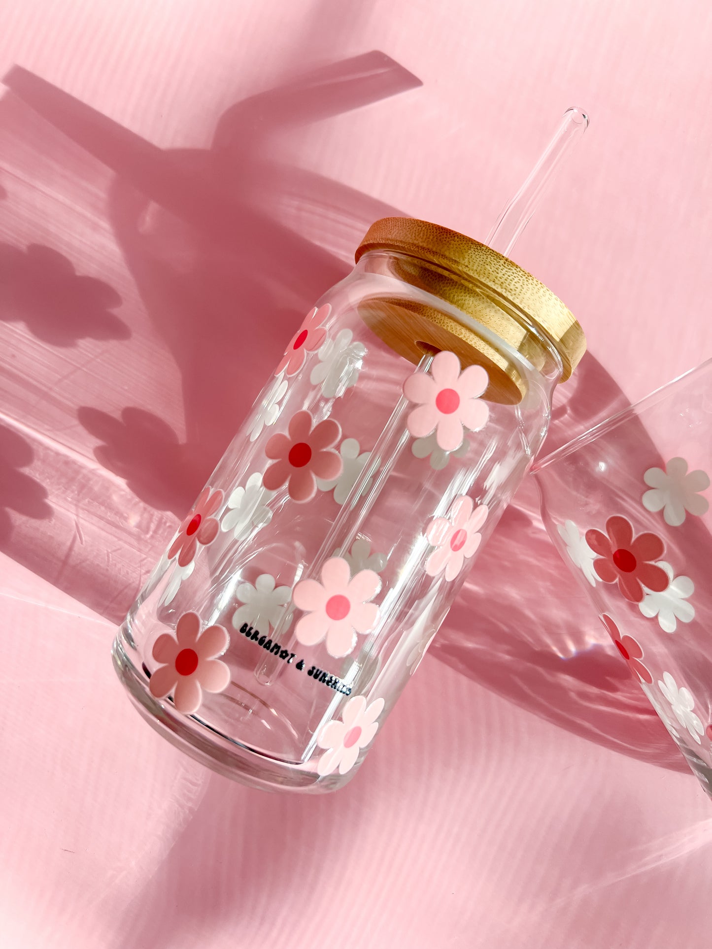 funky boho pink retro daisies glass cup aesthetically pleasing with glass straw and bamboo lid