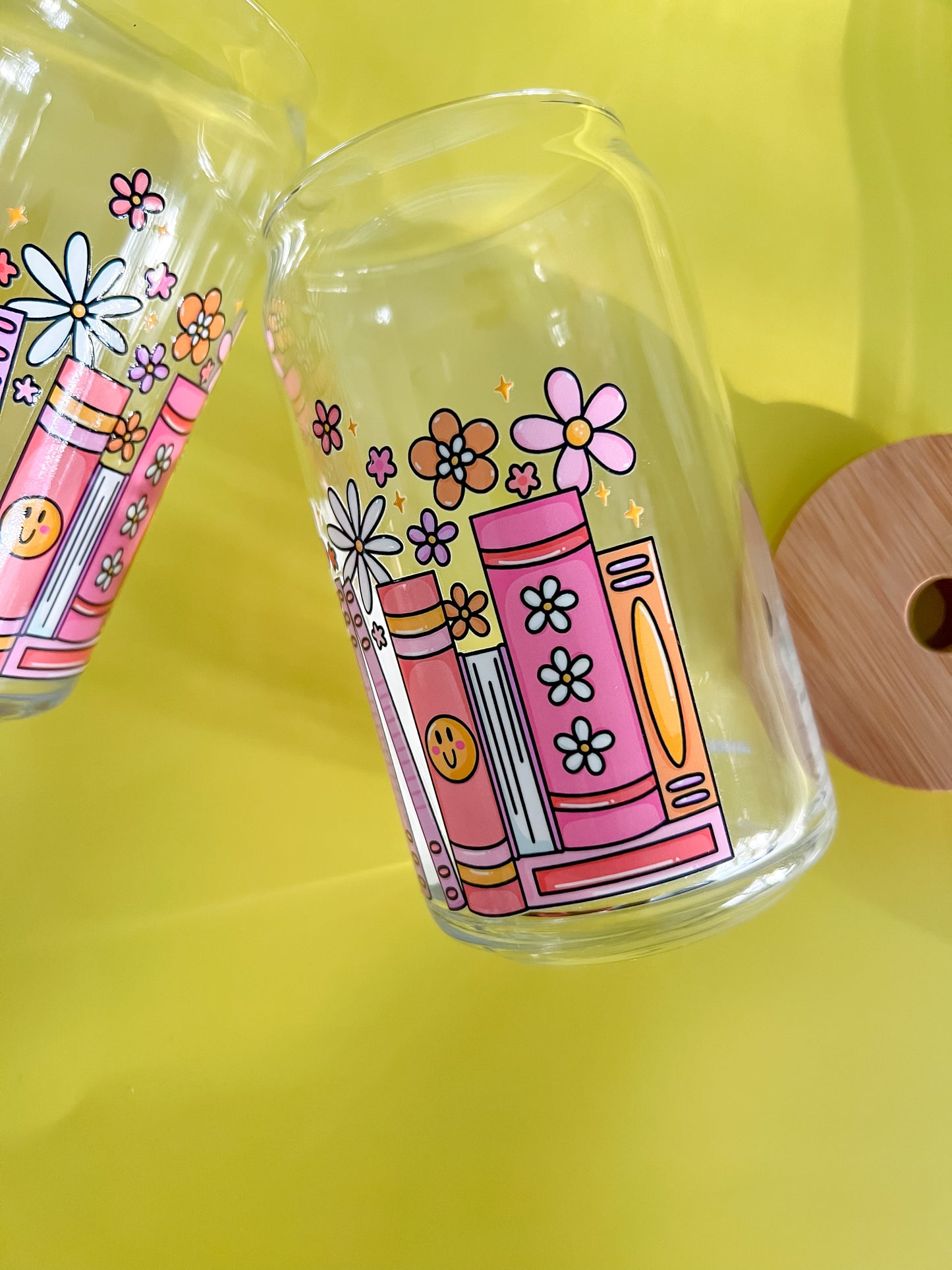 Happy Books and Flowers 16oz glass cup with glass straw and bamboo lid whimsical pink books white and yellow flowers