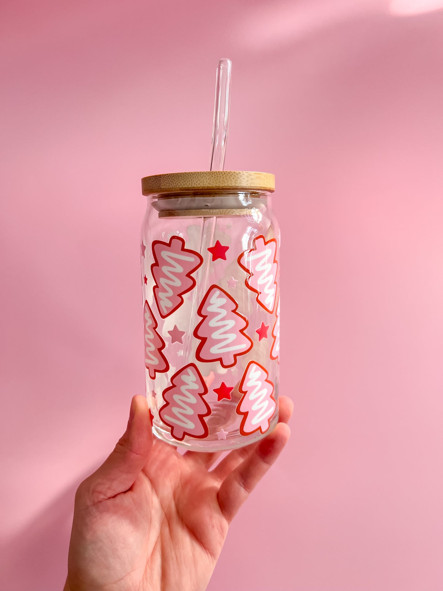 Pink Christmas Tree Cookie 16oz Glass Cup with glass straw and bamboo lid