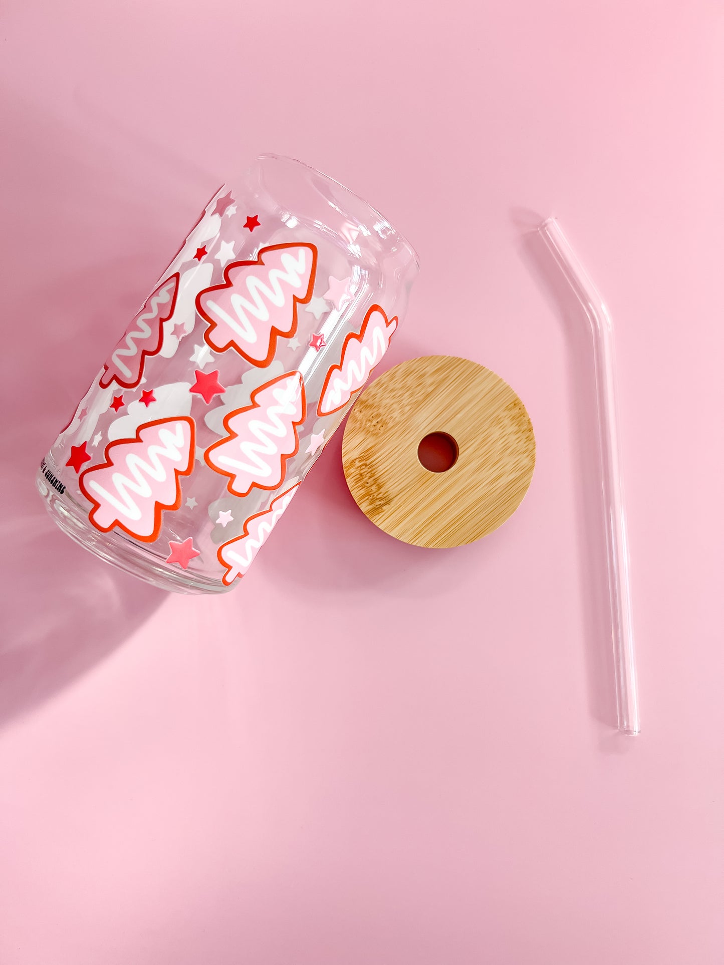 Pink Christmas Tree Cookie 16oz Glass Cup with glass straw and bamboo lid