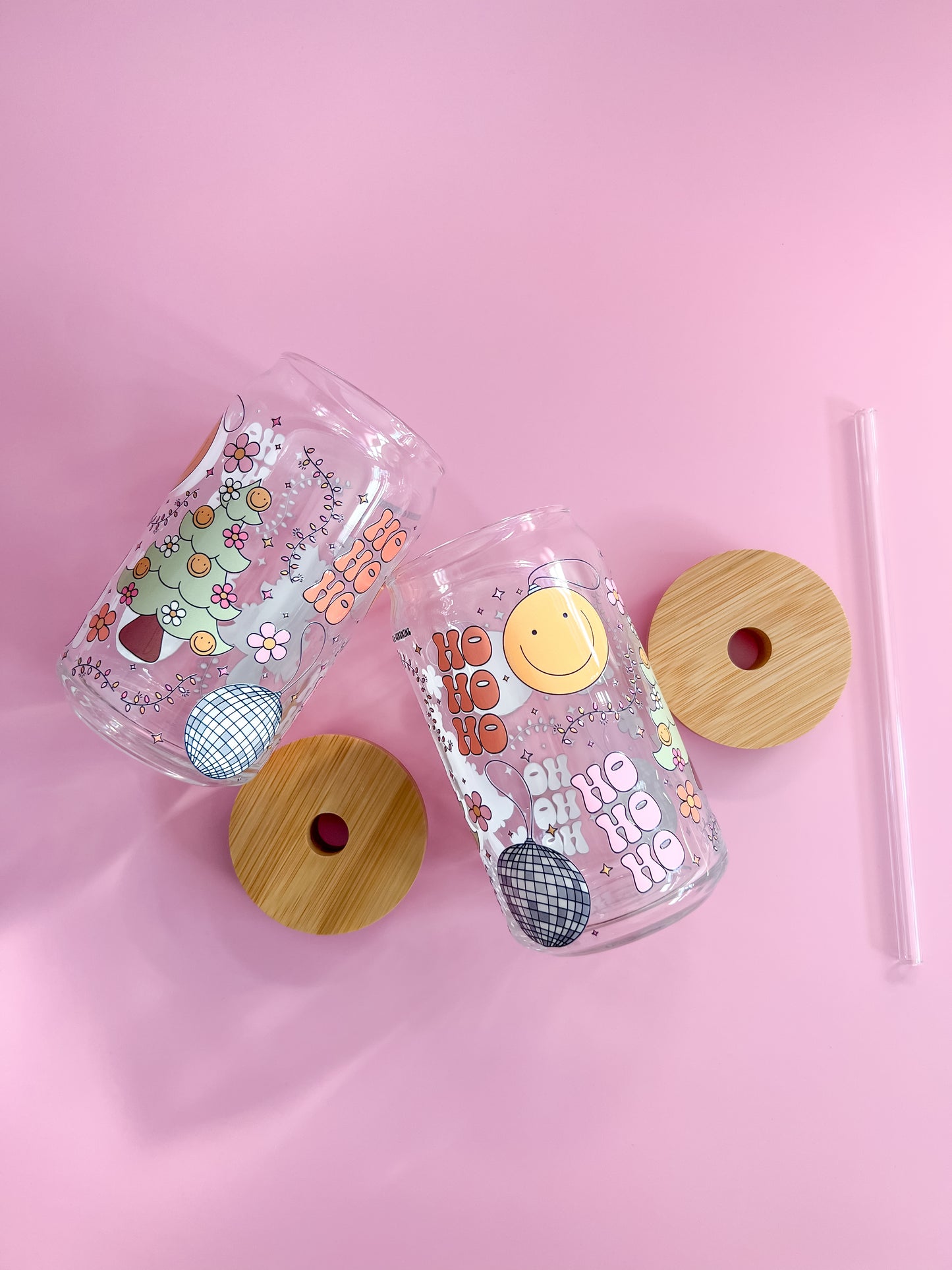 Groovy Christmas Disco 16oz glass cup with glass straw and bamboo lid
