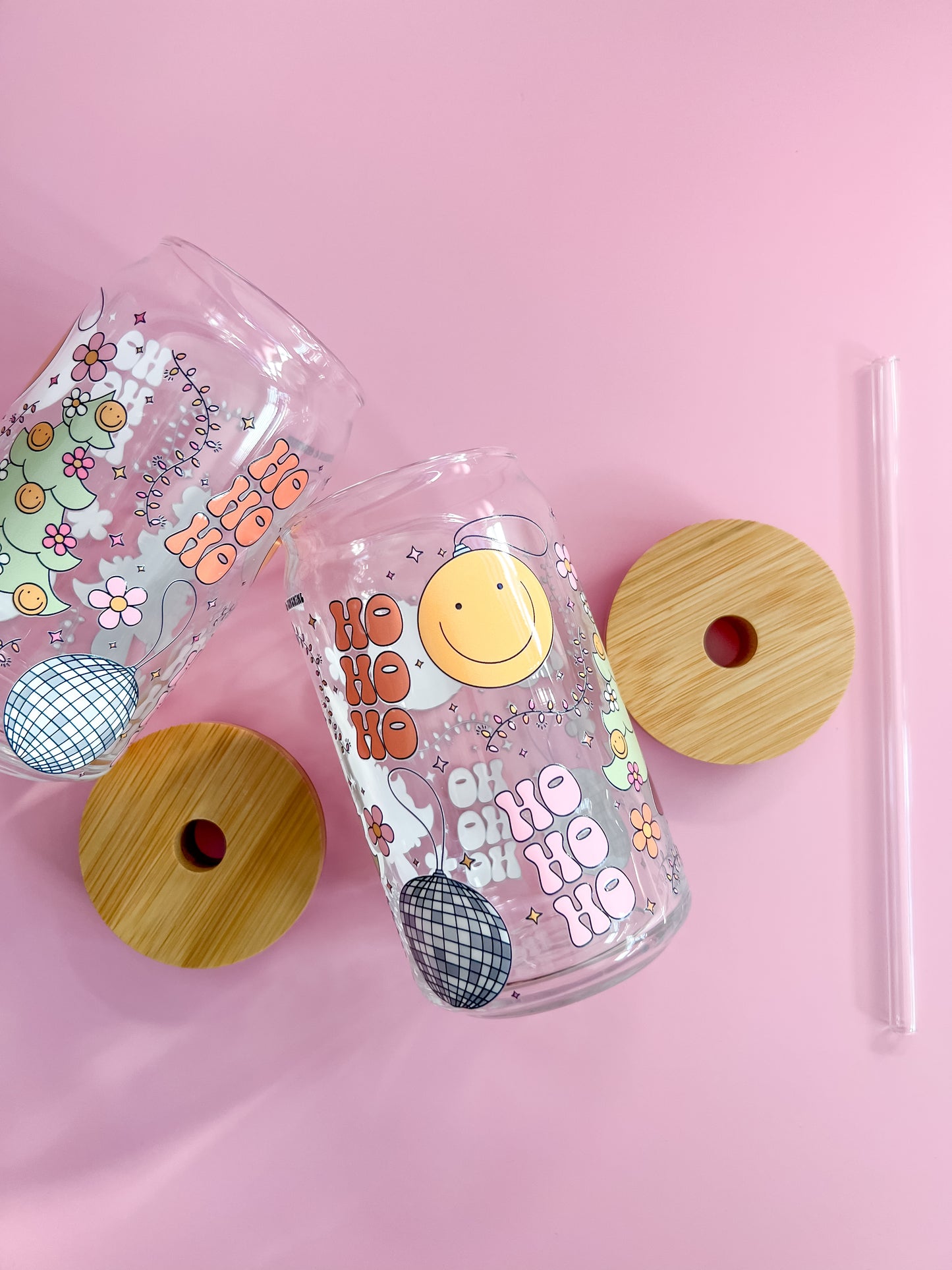 Groovy Christmas Disco 16oz glass cup with glass straw and bamboo lid
