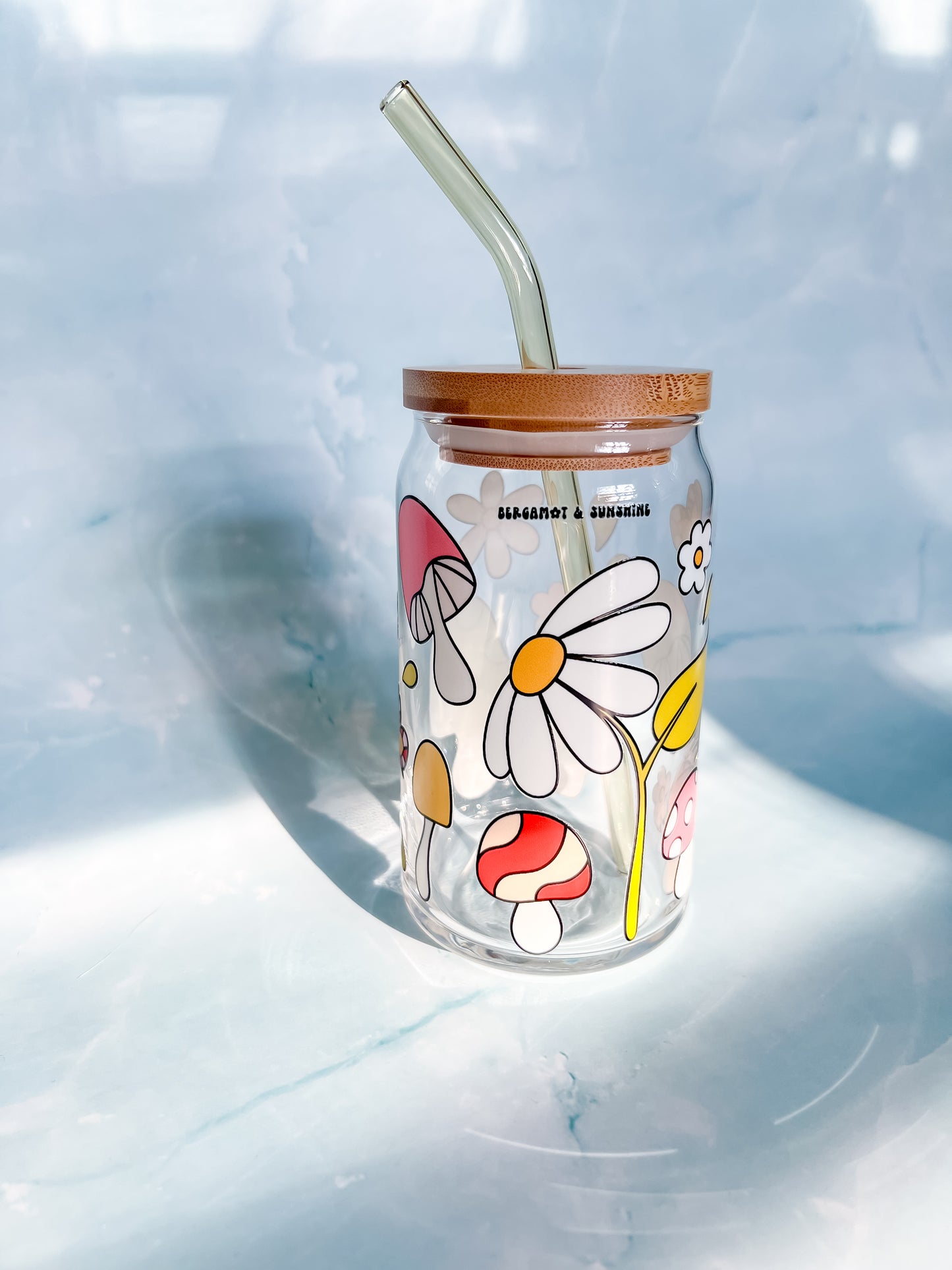 Groovy Mushrooms and Flowers 16oz Glass Cup