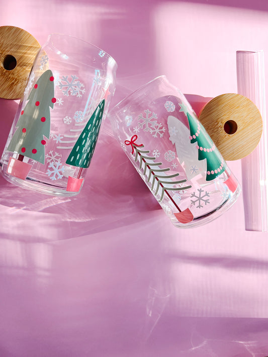 Christmas Trees and Snowflakes 16oz Glass Cup