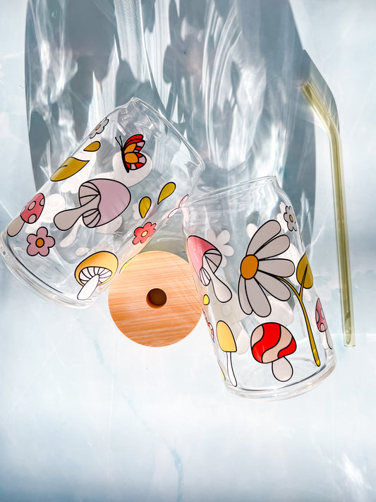 Groovy Mushrooms and Flowers 16oz Glass Cup