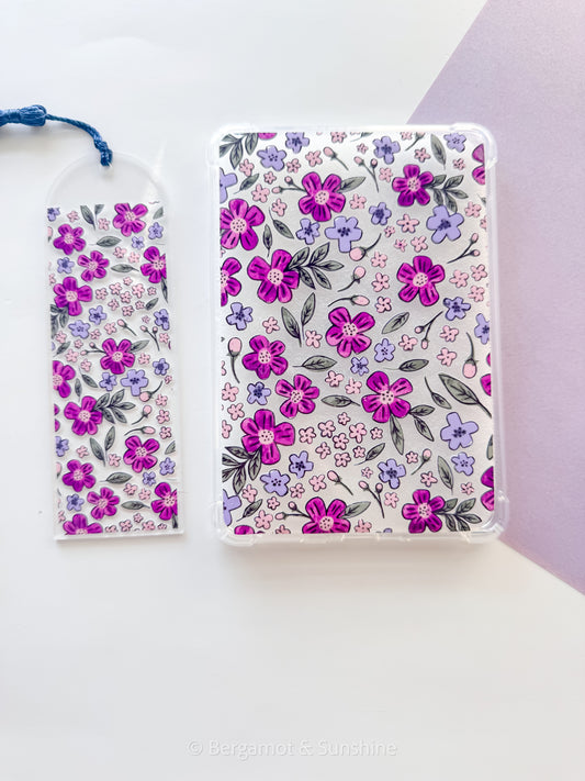 Purple Flowers E Reader Case and/or Bookmark [Combined Listing]