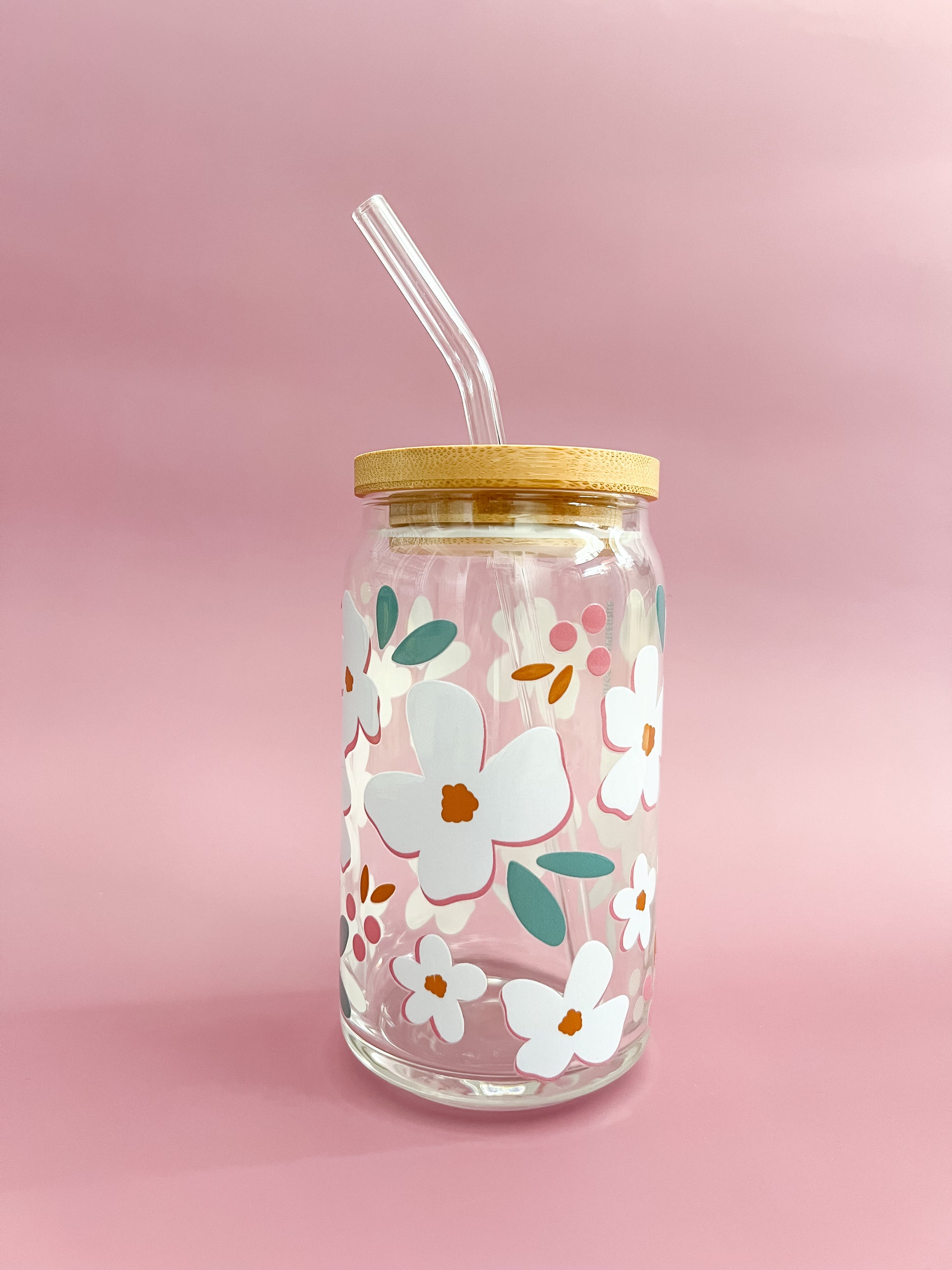 Magnolias 16oz Glass Cup with glass straw and bamboo lid