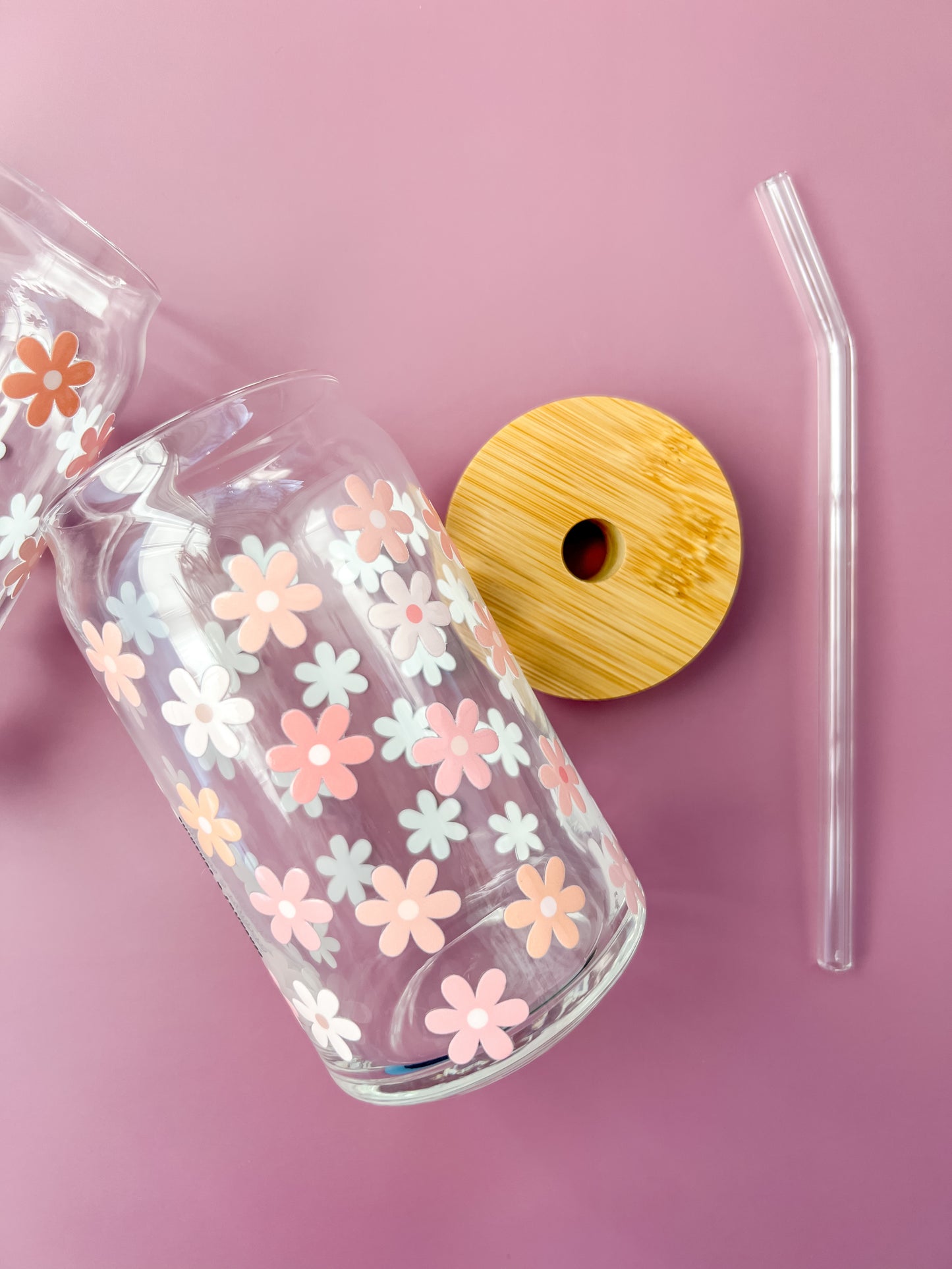 mini neutrals flower glass cup with glass straw and bamboo lid