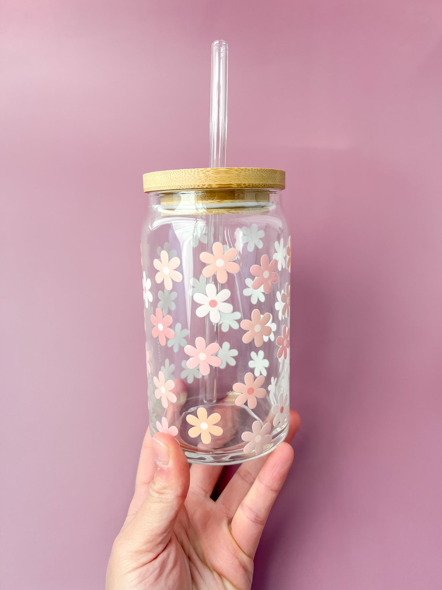 mini neutrals flower glass cup with glass straw and bamboo lid